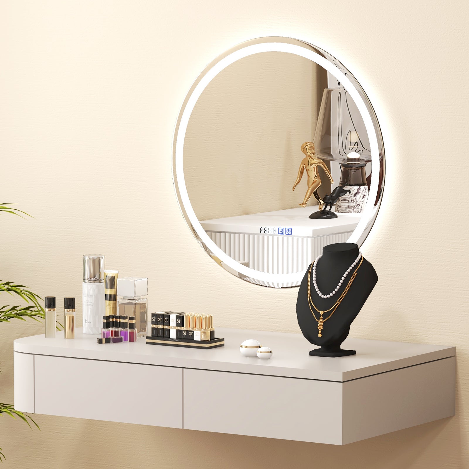 24 Inch Anti-Fog Bathroom Wall Mirror with 3-Color LED Lights and Temperature Display Wall Mirrors at Gallery Canada