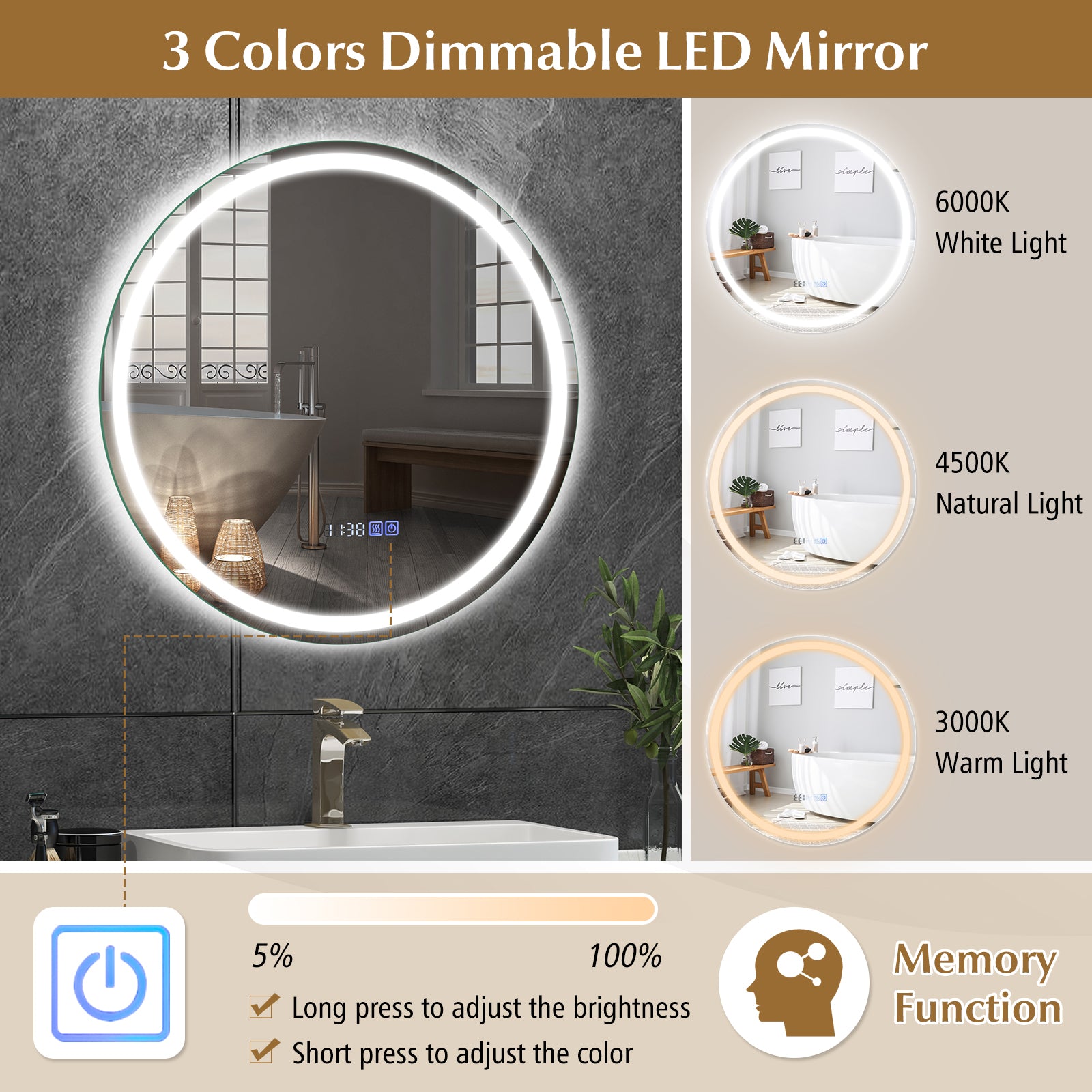 24 Inch Anti-Fog Bathroom Wall Mirror with 3-Color LED Lights and Temperature Display Wall Mirrors at Gallery Canada