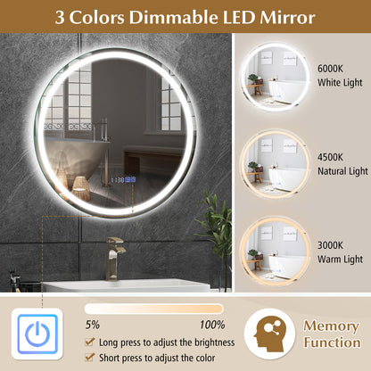 24 Inch Anti-Fog Bathroom Wall Mirror with 3-Color LED Lights and Temperature Display Wall Mirrors at Gallery Canada