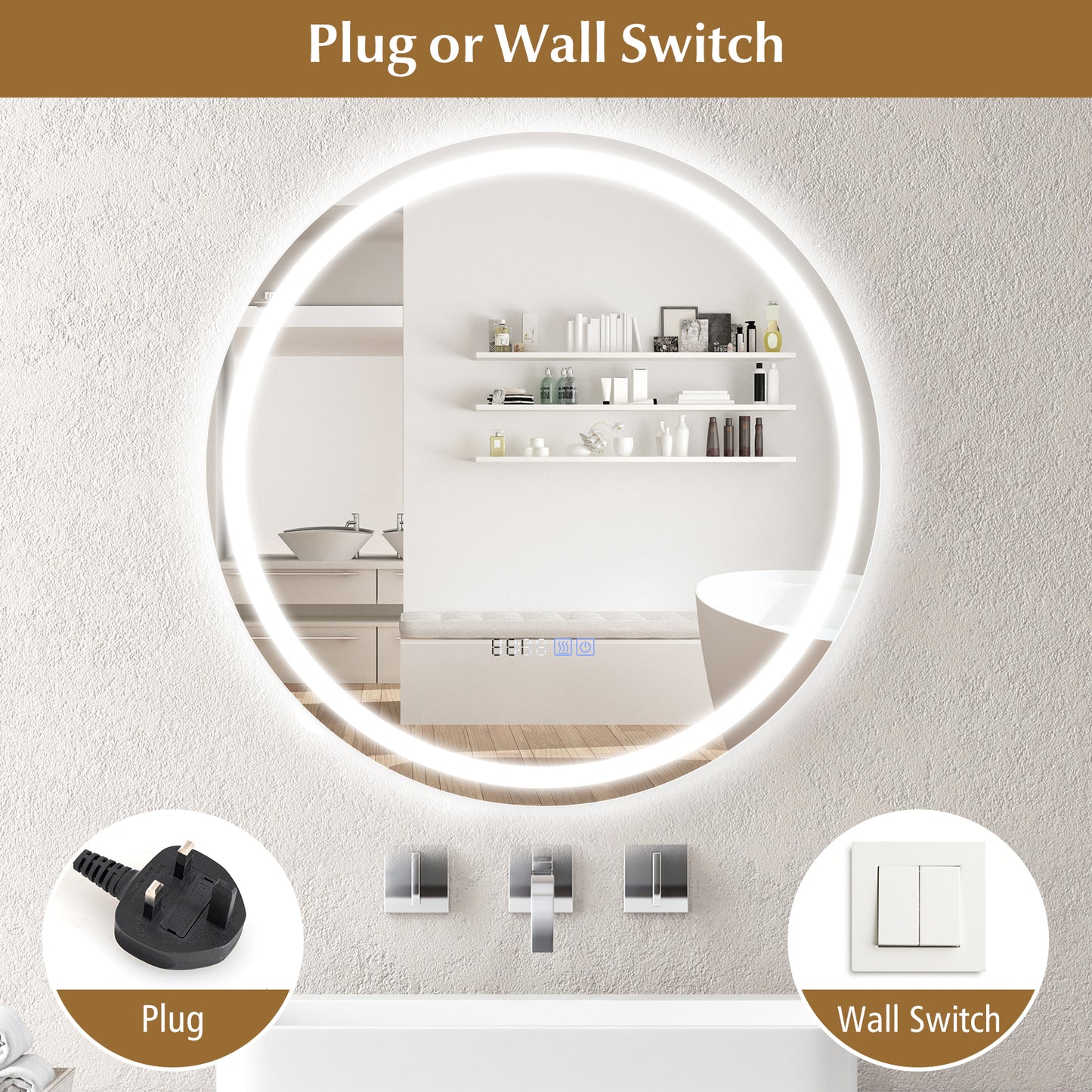 24 Inch Anti-Fog Bathroom Wall Mirror with 3-Color LED Lights and Temperature Display Wall Mirrors at Gallery Canada