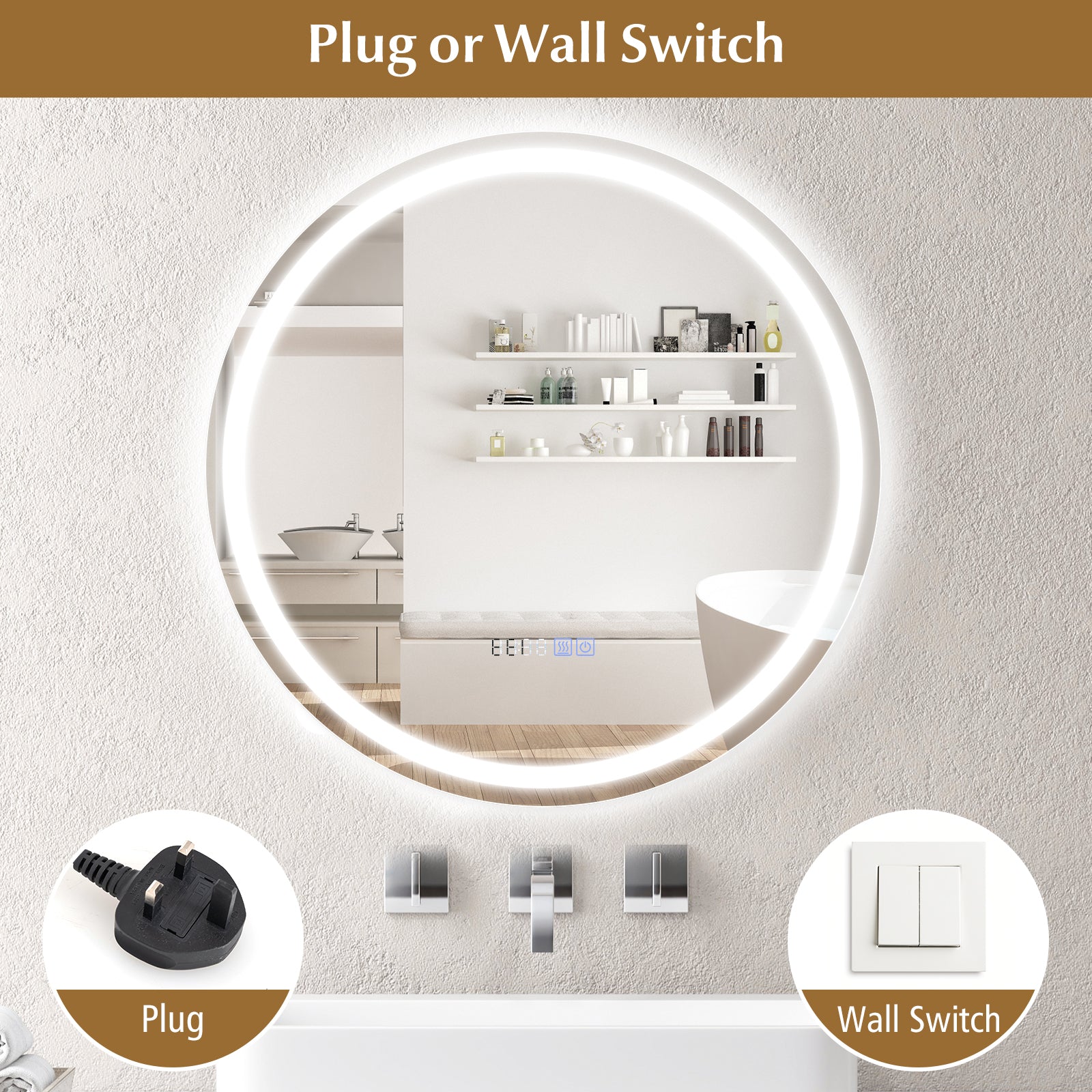 24 Inch Anti-Fog Bathroom Wall Mirror with 3-Color LED Lights and Temperature Display Wall Mirrors at Gallery Canada