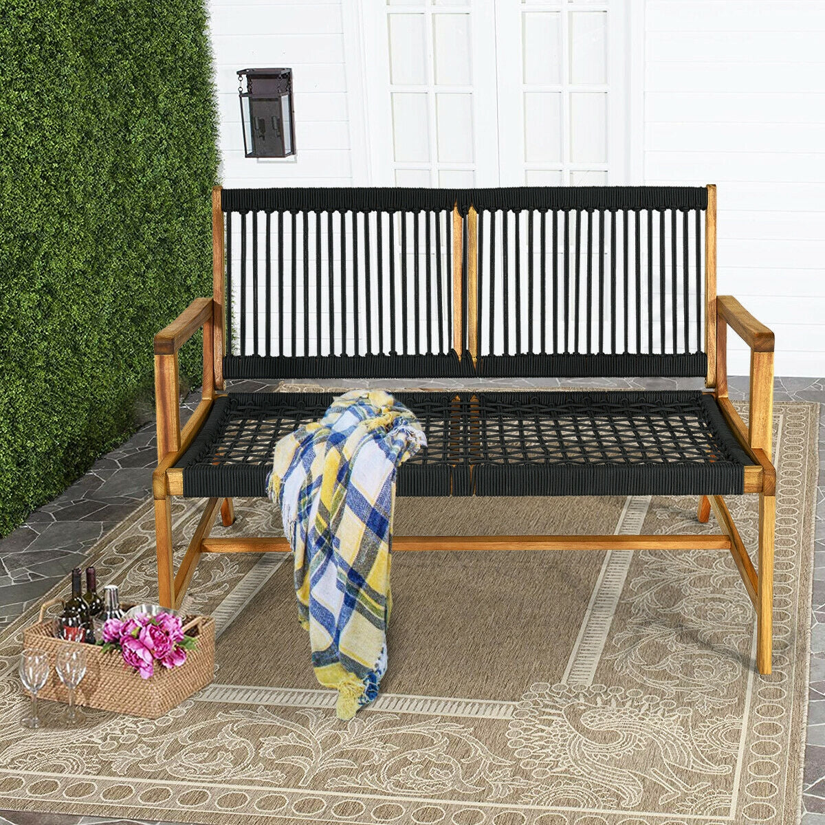 2-Person Acacia Wood Yard Bench for Balcony and Patio, Black Outdoor Benches at Gallery Canada