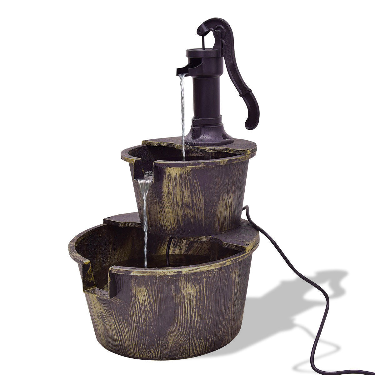2 Tier Outdoor Barrel Waterfall Fountain With Pump, Bronze Outdoor Decor at Gallery Canada