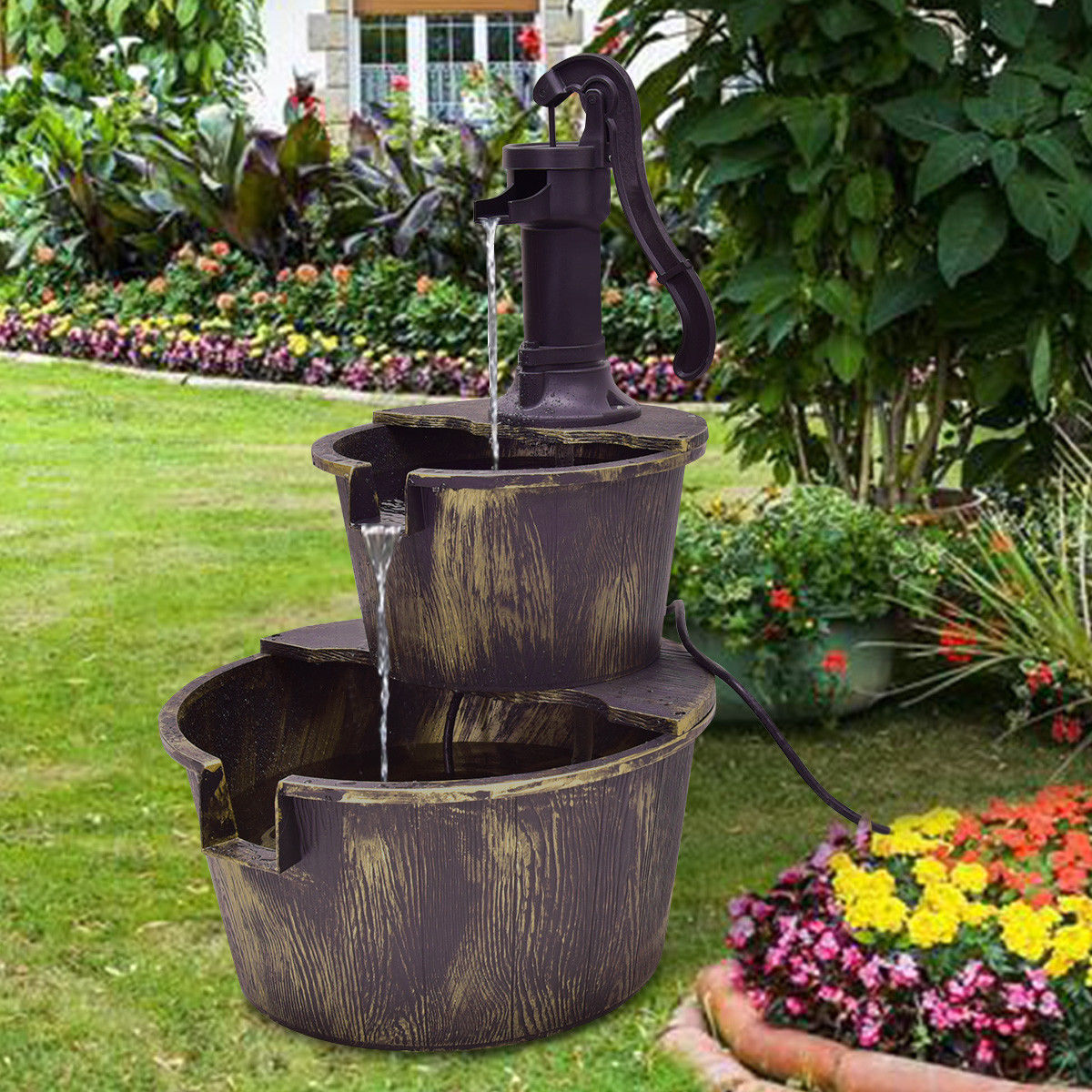 2 Tier Outdoor Barrel Waterfall Fountain With Pump, Bronze Outdoor Decor at Gallery Canada
