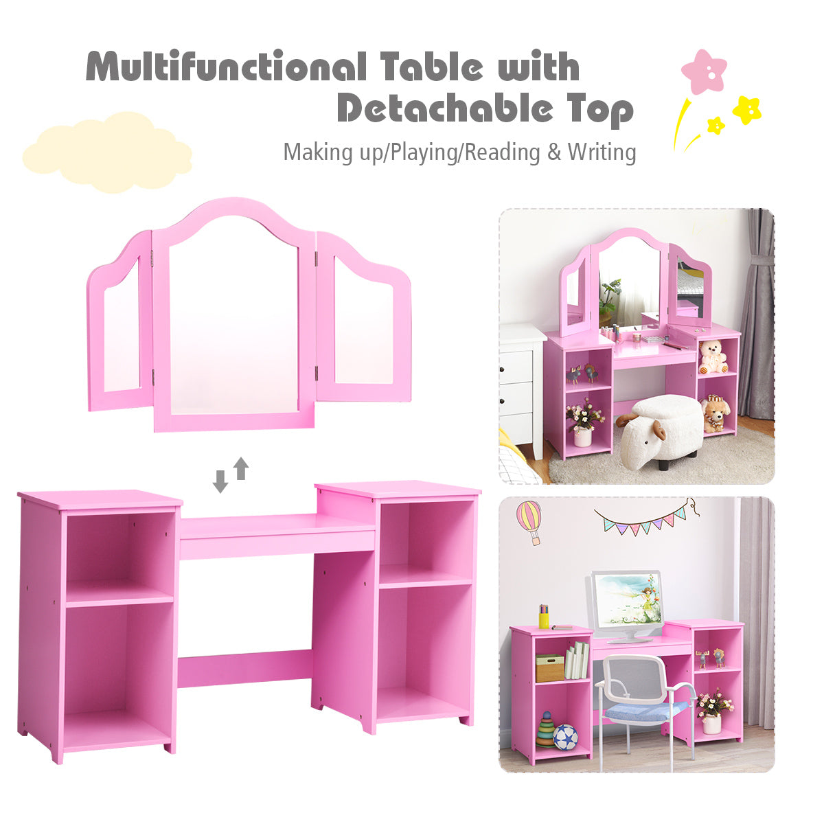 Kids Tri Folding Mirror Makeup Dressing Vanity Table Set, Pink Kids Vanities at Gallery Canada