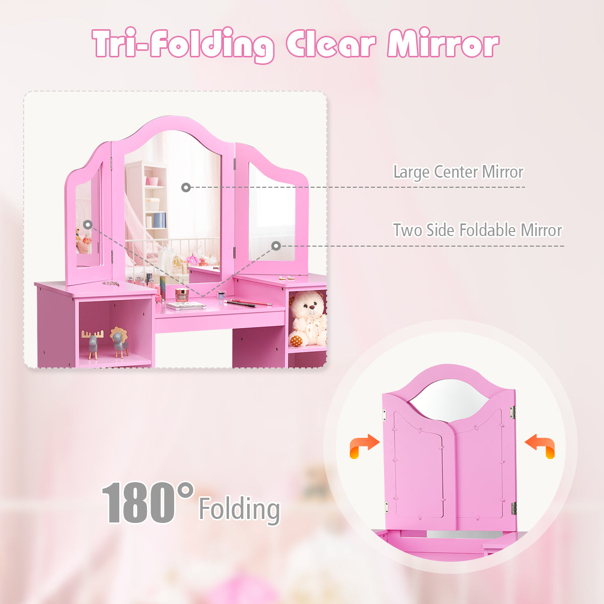 Kids Tri Folding Mirror Makeup Dressing Vanity Table Set, Pink Kids Vanities at Gallery Canada