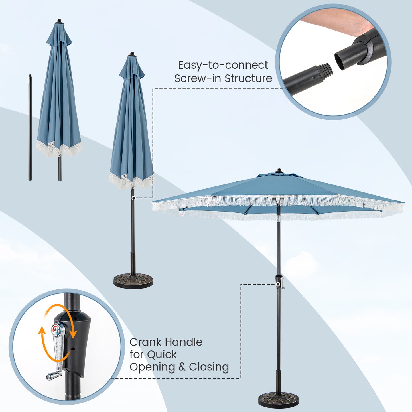 9 FT Patio Umbrella with Sun-Protective Canopy for Patio Garden Pool, Navy Outdoor Umbrellas at Gallery Canada