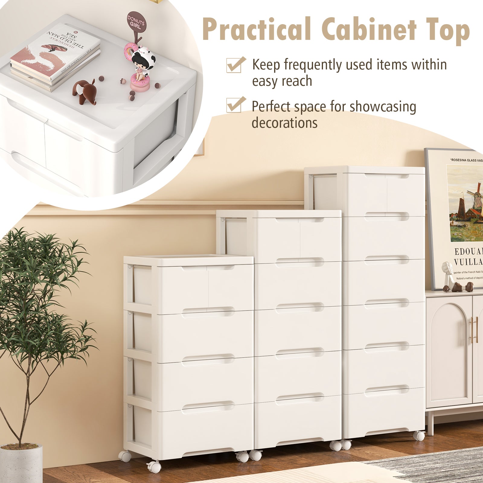 Rolling Storage Cabinet with Universal Wheels and 5/6/7 Drawers-5 Drawers, White Dressers & Chests at Gallery Canada