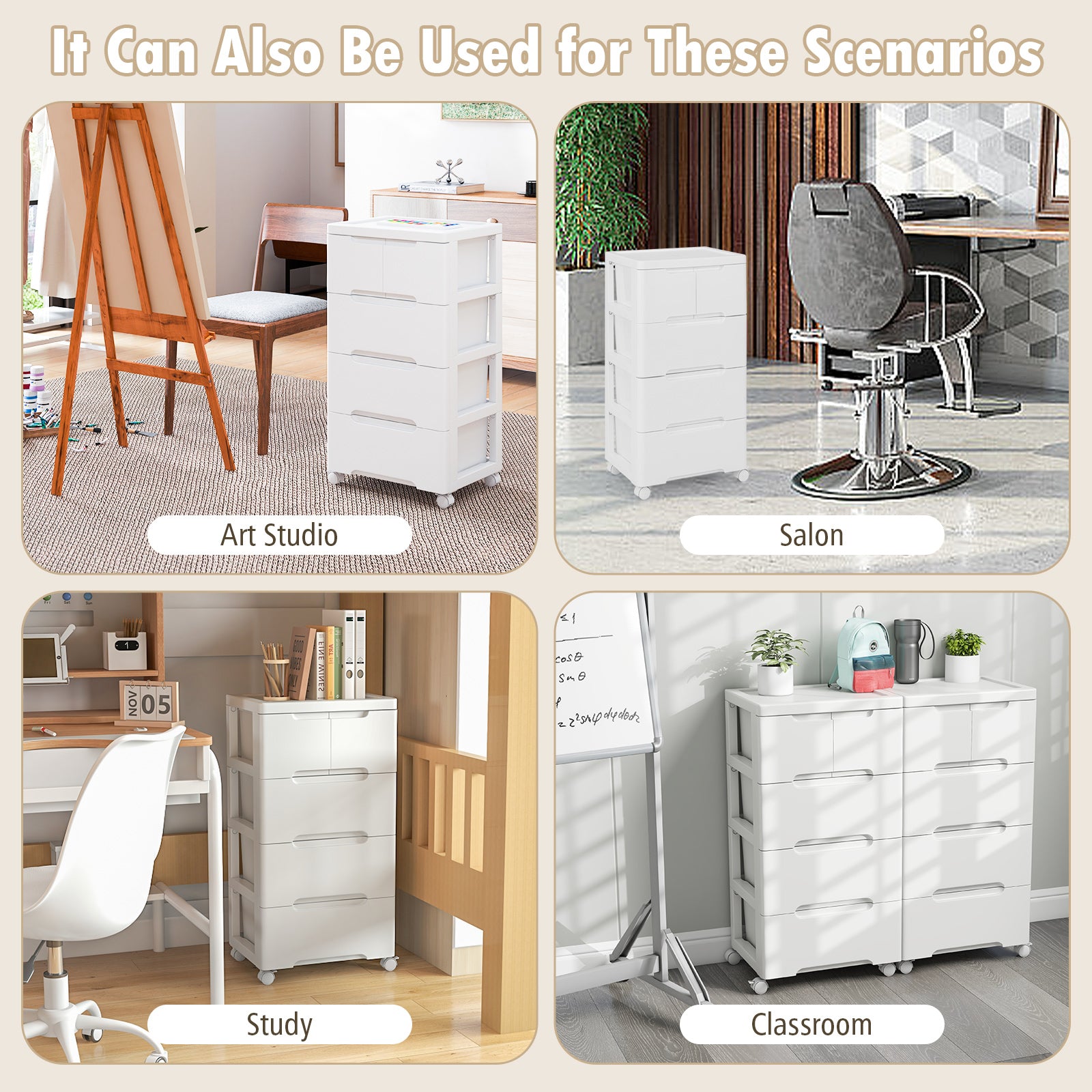 Rolling Storage Cabinet with Universal Wheels and 5/6/7 Drawers-5 Drawers, White Dressers & Chests at Gallery Canada