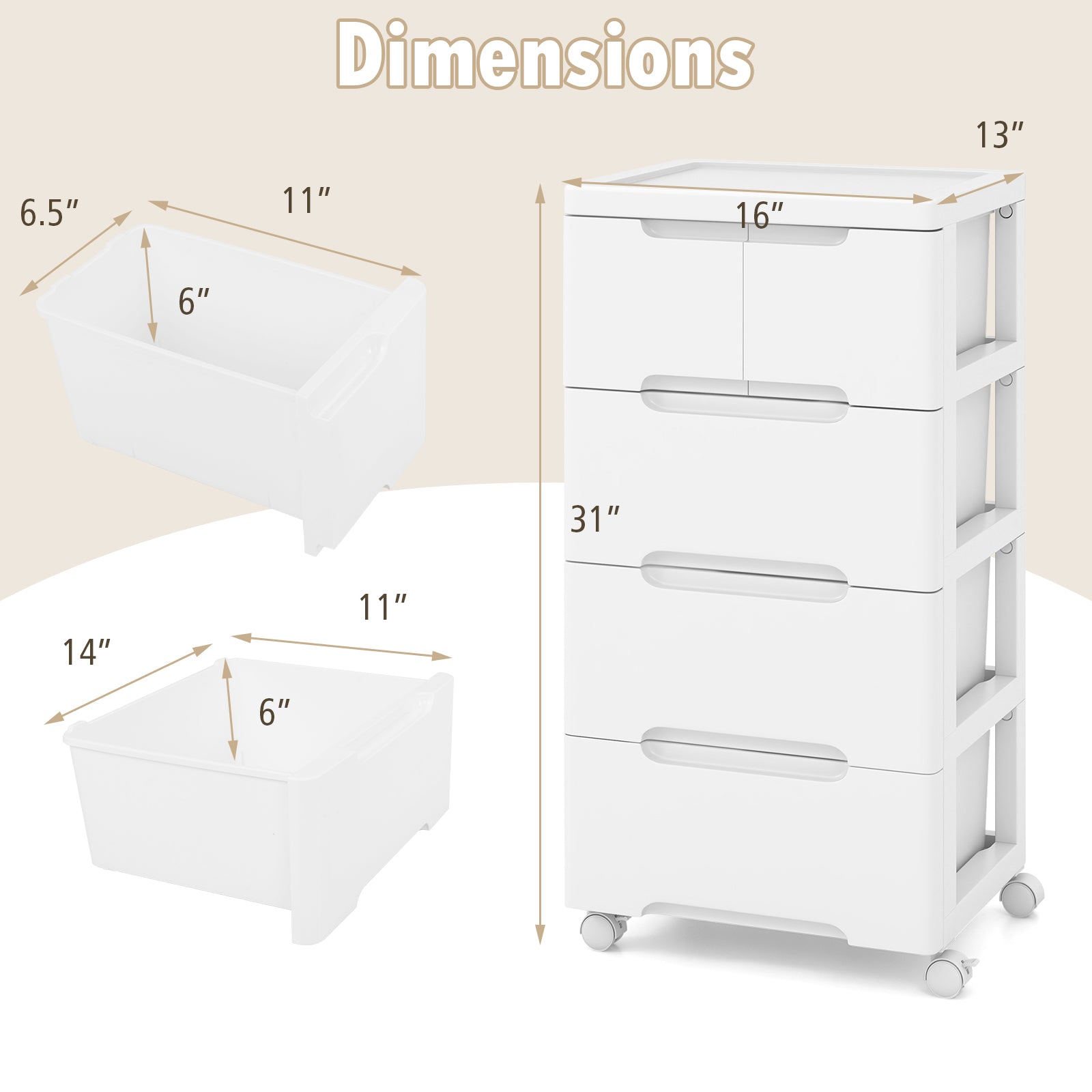 Rolling Storage Cabinet with Universal Wheels and 5/6/7 Drawers-5 Drawers, White Dressers & Chests at Gallery Canada