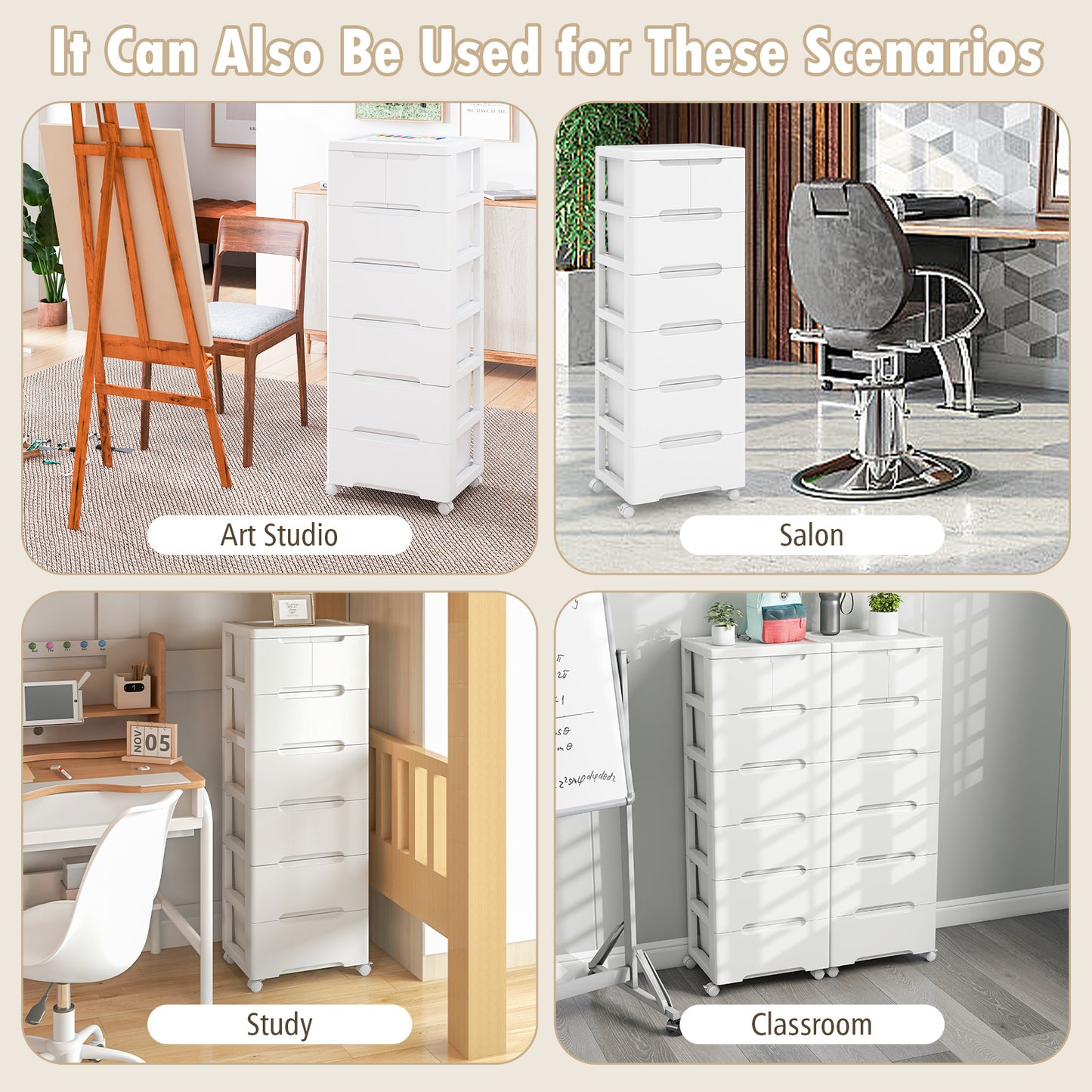 Rolling Storage Cabinet with Universal Wheels and 5/6/7 Drawers-7-Drawer, White Dressers & Chests at Gallery Canada