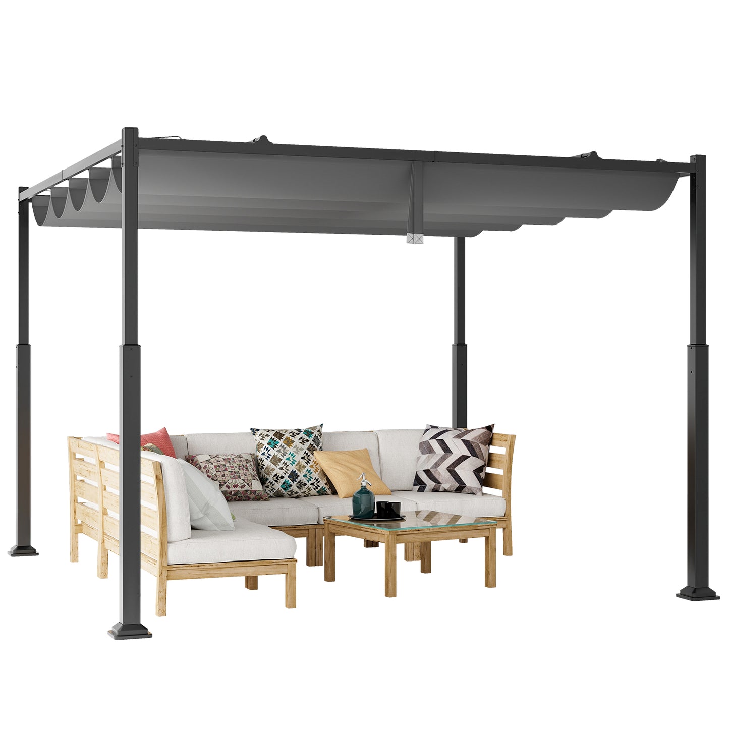 10 x 10 Feet Outdoor Pergola, Retractable Canopy, Metal Columns, Gray Gazebos Gray at Gallery Canada