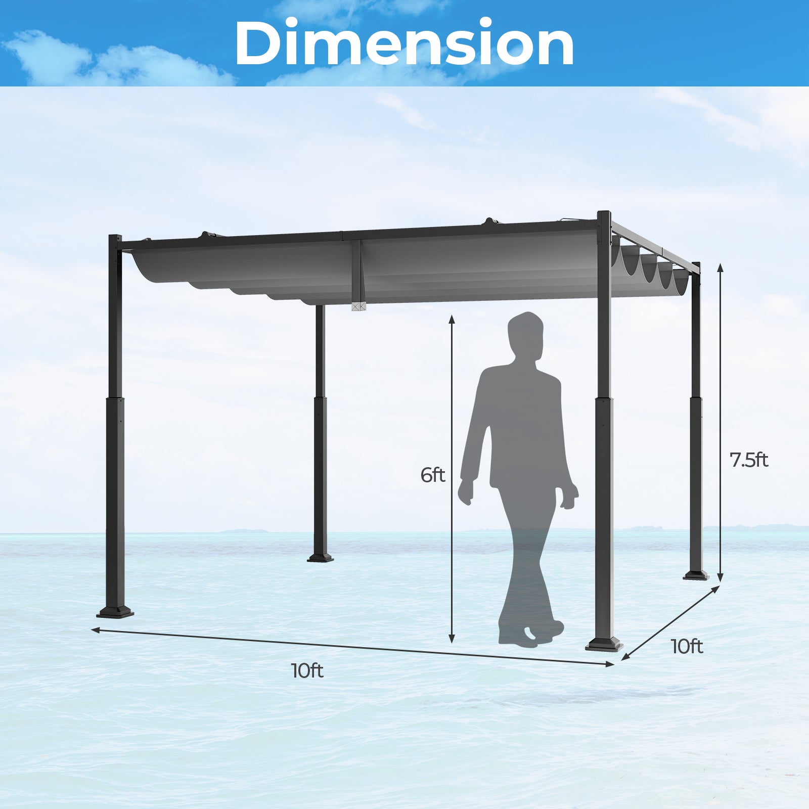 10 x 10 Feet Outdoor Pergola with Retractable Canopy and Metal Columns, Gray Gazebos at Gallery Canada