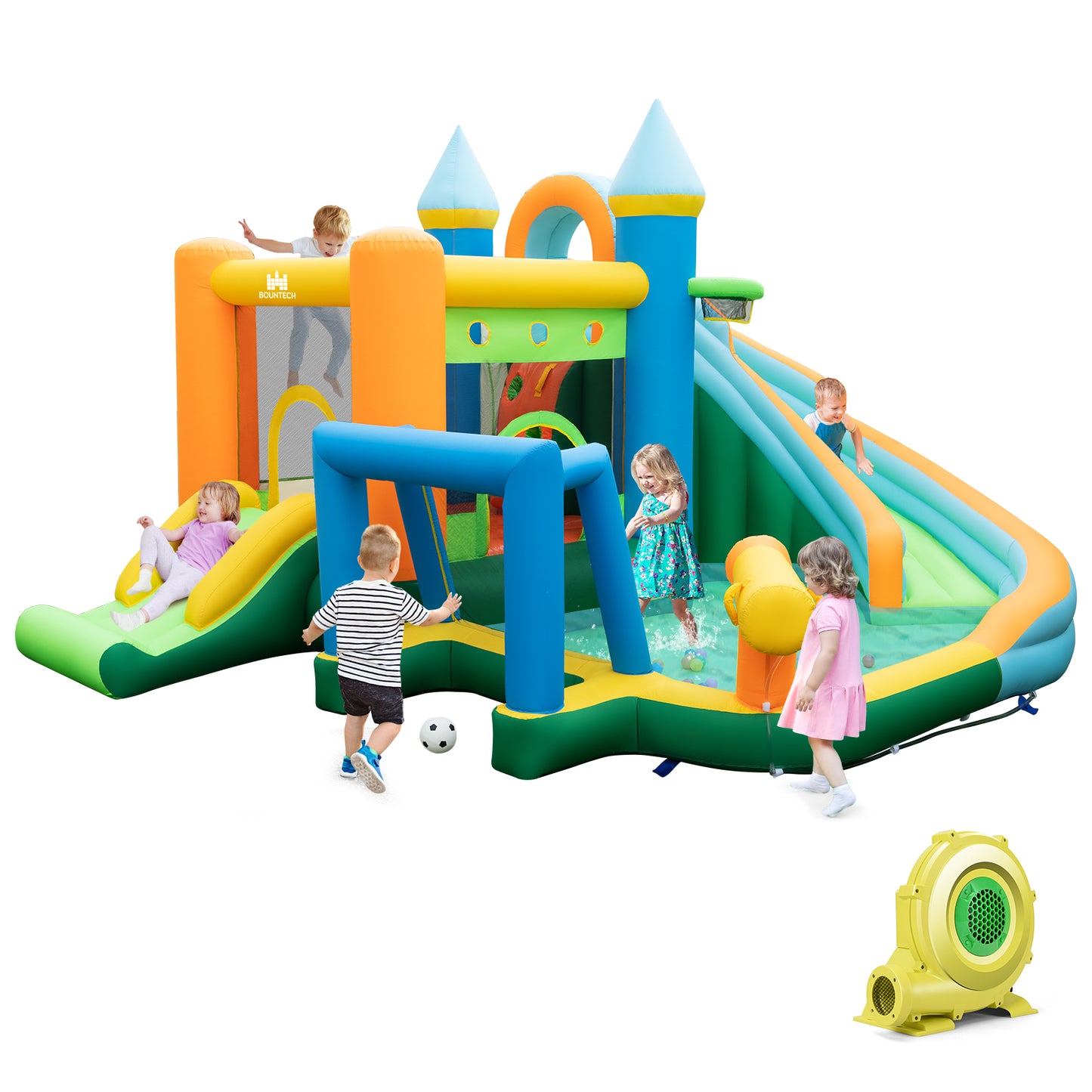 Inflatable Water Slide with Dual Slides and Splash Pool Bounce House with 735W Blower, Green Bounce House at Gallery Canada