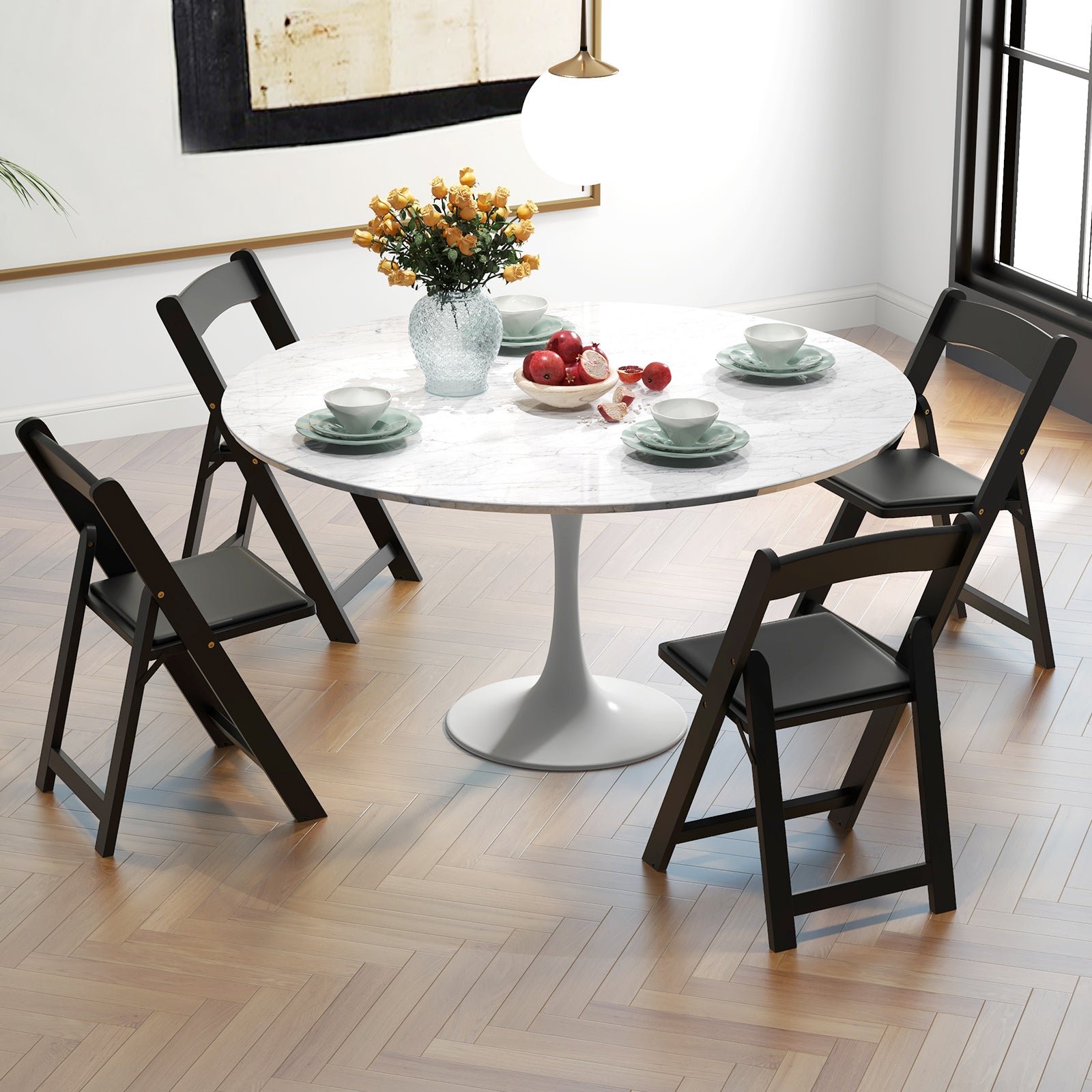 Set of 4 Dining Chairs Foldable Kitchen Chair with Rubber Wood Legs and Padded Seat, Black Dining Chairs at Gallery Canada