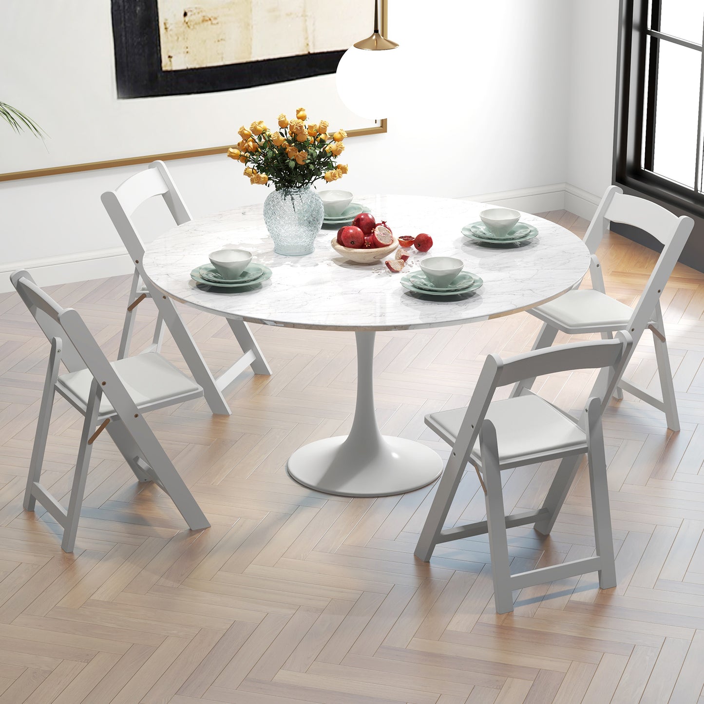 Set of 4 Dining Chairs Foldable Kitchen Chair with Rubber Wood Legs and Padded Seat, White Dining Chairs at Gallery Canada