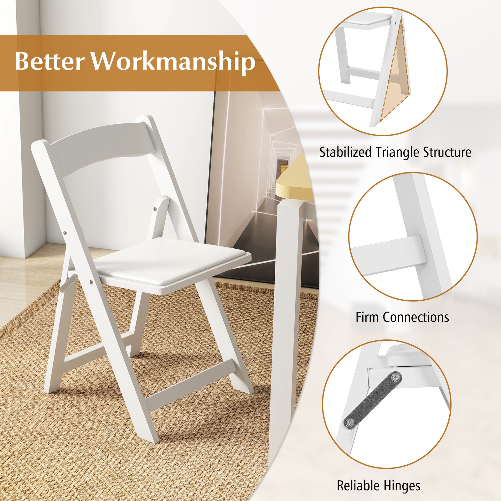 Set of 4 Dining Chairs Foldable Kitchen Chair with Rubber Wood Legs and Padded Seat, White Dining Chairs at Gallery Canada