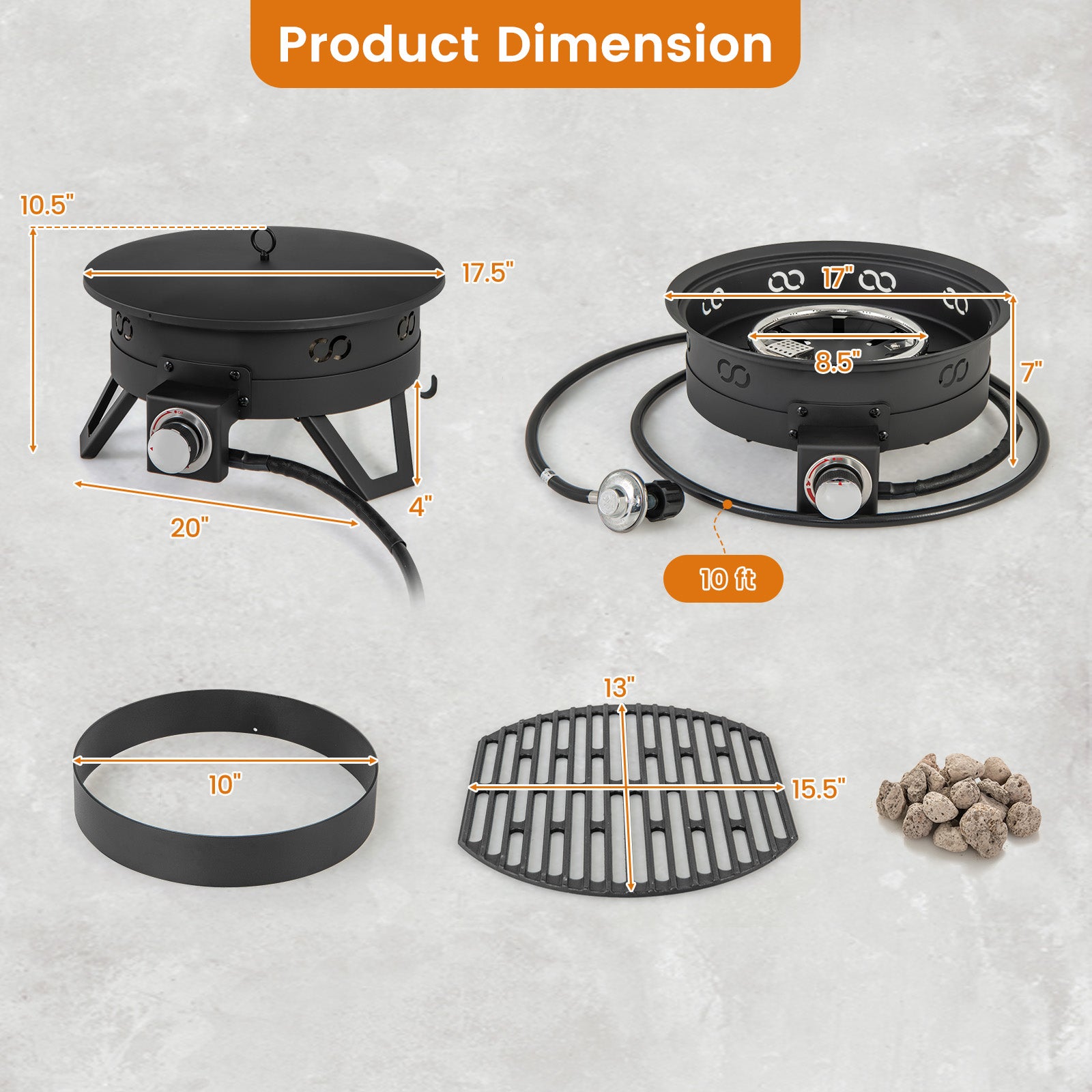 17 Inch Portable Gas Fire Pit, Folding Legs, Removable Grill, Black Fire Pits at Gallery Canada