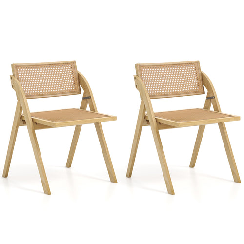 Foldable Dining Chairs Set of 2 with Woven Rattan Backrest, Natural