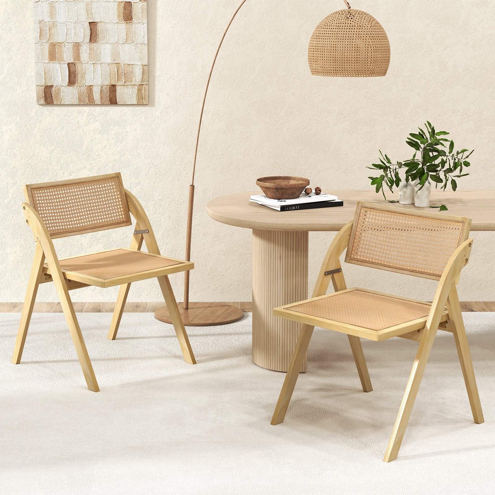 Foldable Dining Chairs Set of 2 with Woven Rattan Backrest, Natural Dining Chairs at Gallery Canada