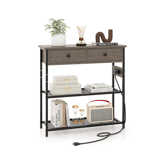 Narrow Console Table, 2 Drawers, 2 Metal Mesh Shelves, Gray Console Tables Gray at Gallery Canada