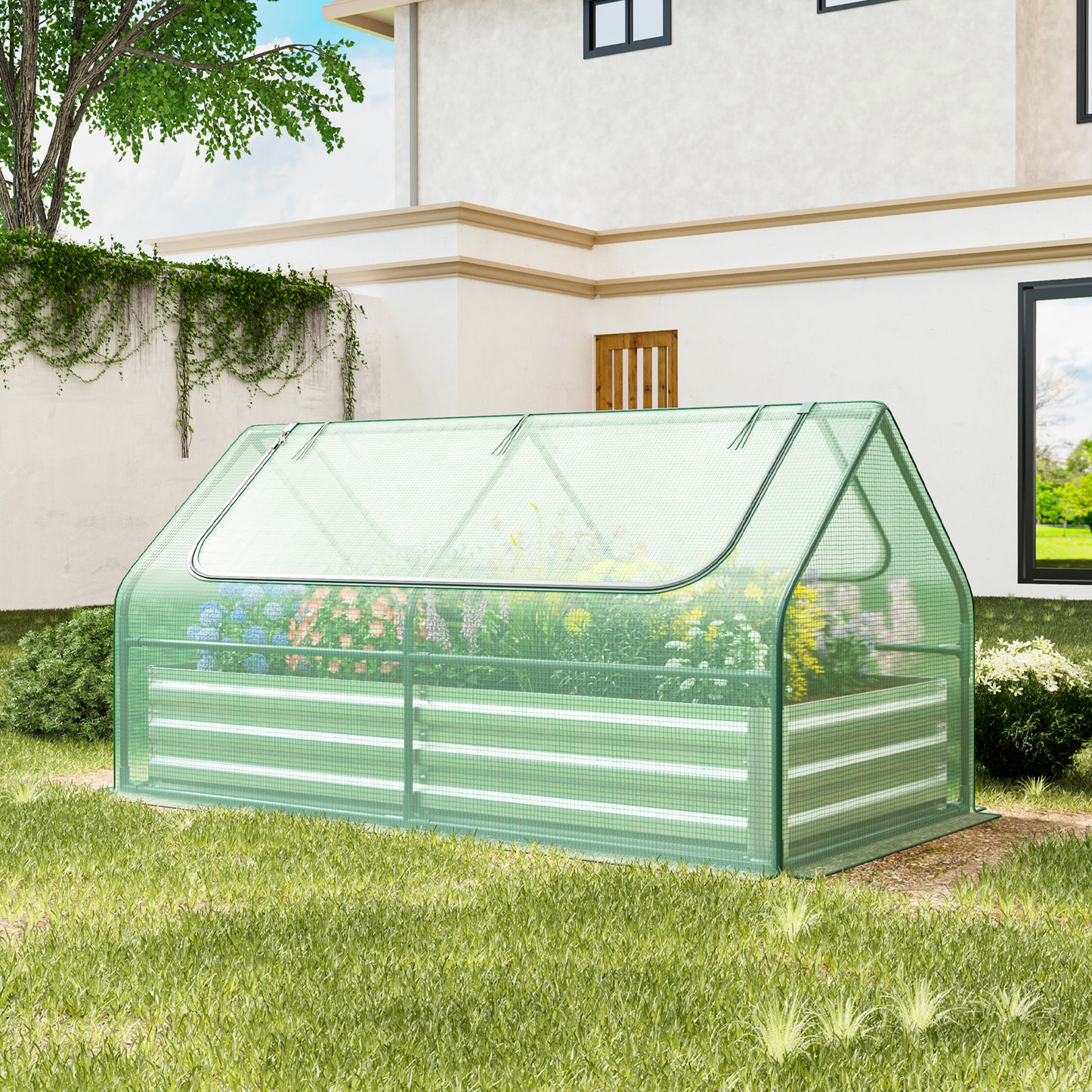 6 x 3 x 3 Feet Galvanized Raised Garden Bed with Greenhouse, Green Raised Garden Beds at Gallery Canada