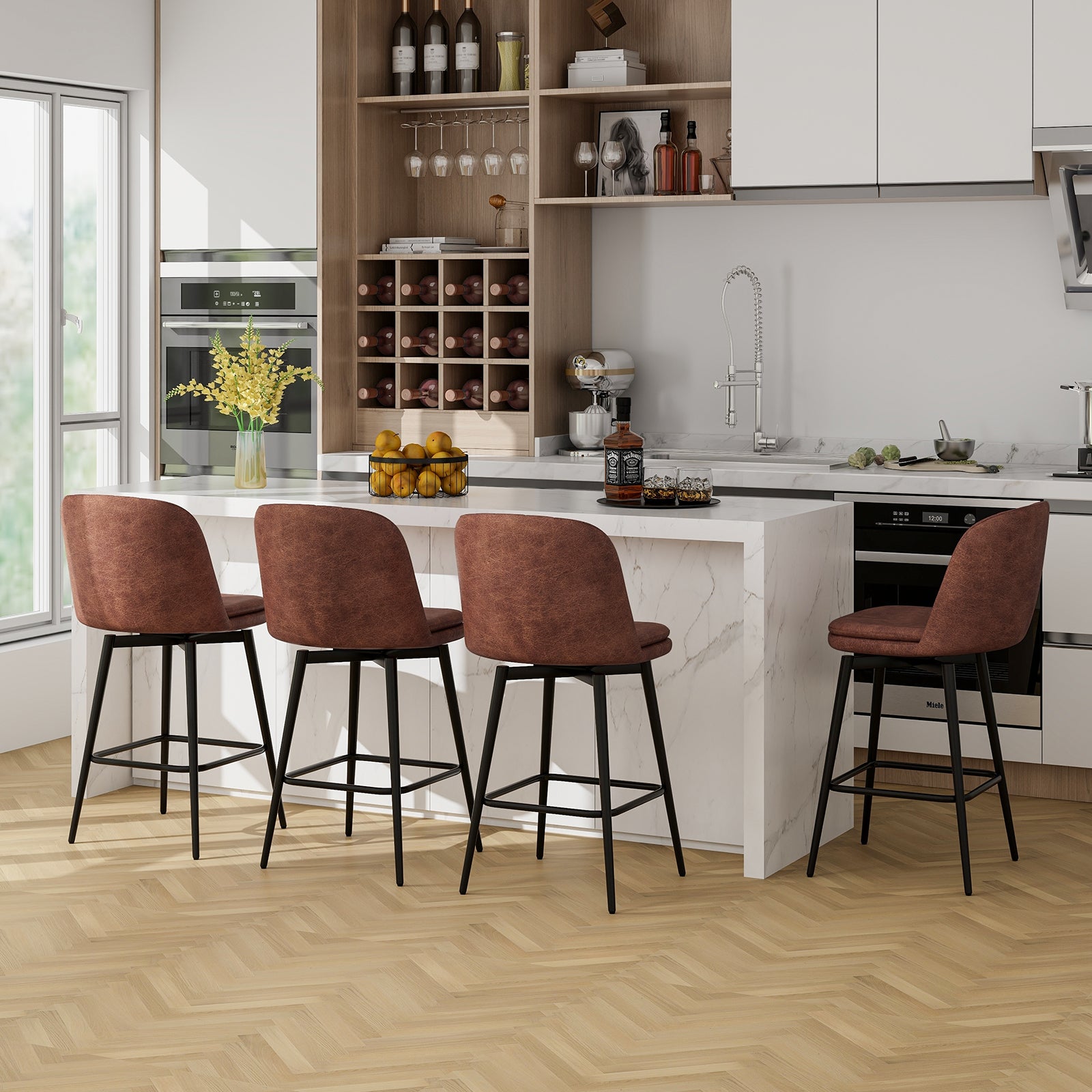 27 Inch Swivel Bar Stool Set of 2 Counter Height Chair with Padded Seat-Black and Brown, Brown Bar Stools at Gallery Canada