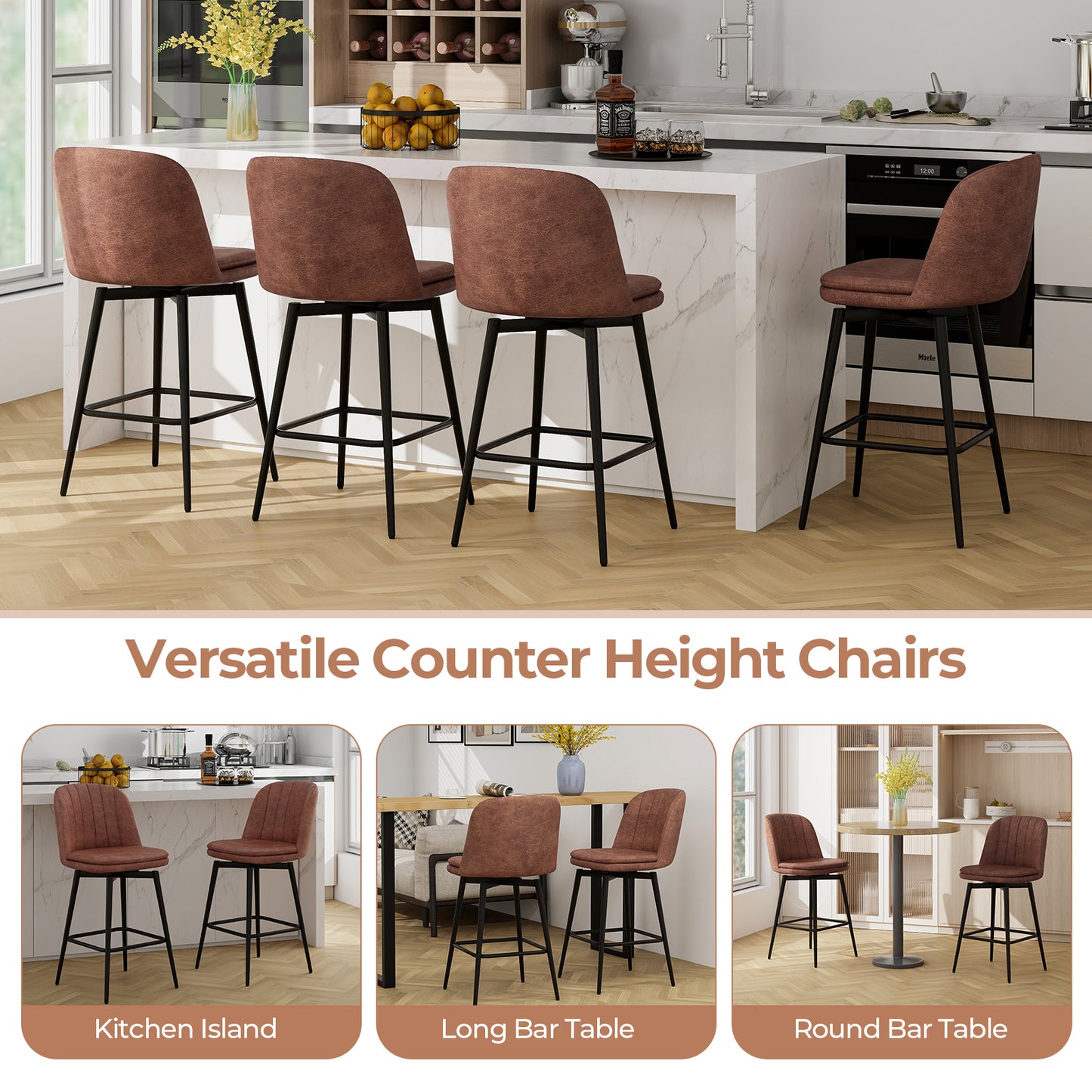 27 Inch Swivel Bar Stool Set of 2 Counter Height Chair with Padded Seat-Black and Brown, Brown Bar Stools at Gallery Canada