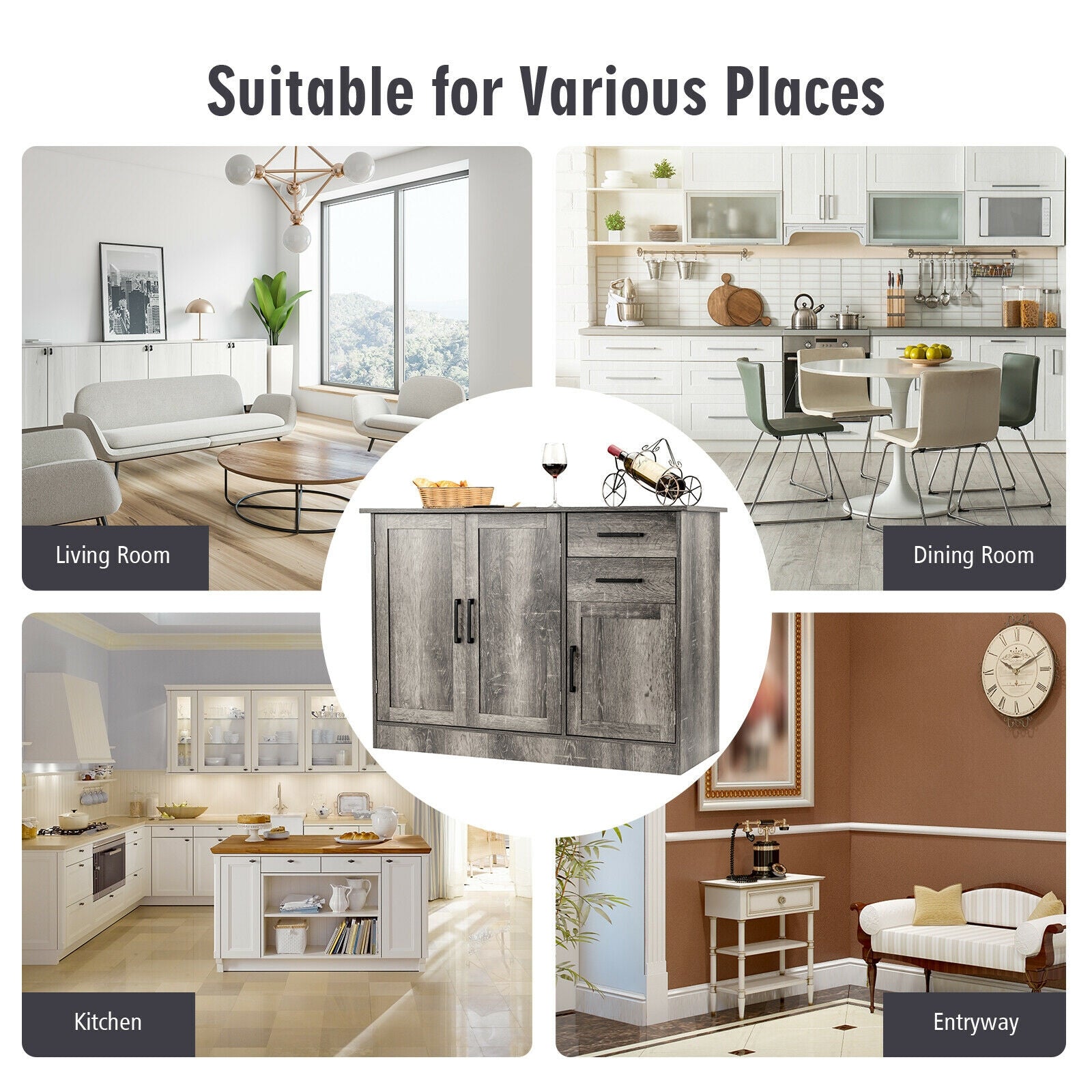 Buffet Storage Cabinet Kitchen Sideboard with 2 Drawers, Gray Sideboards Cabinets & Buffets at Gallery Canada