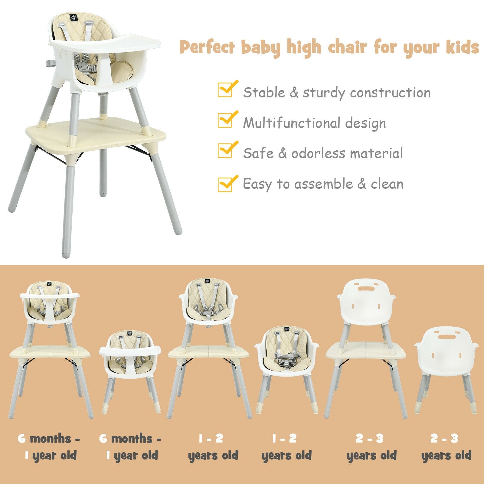 4-in-1 Baby Convertible Toddler Table Chair Set with PU Cushion, Beige High Chairs at Gallery Canada