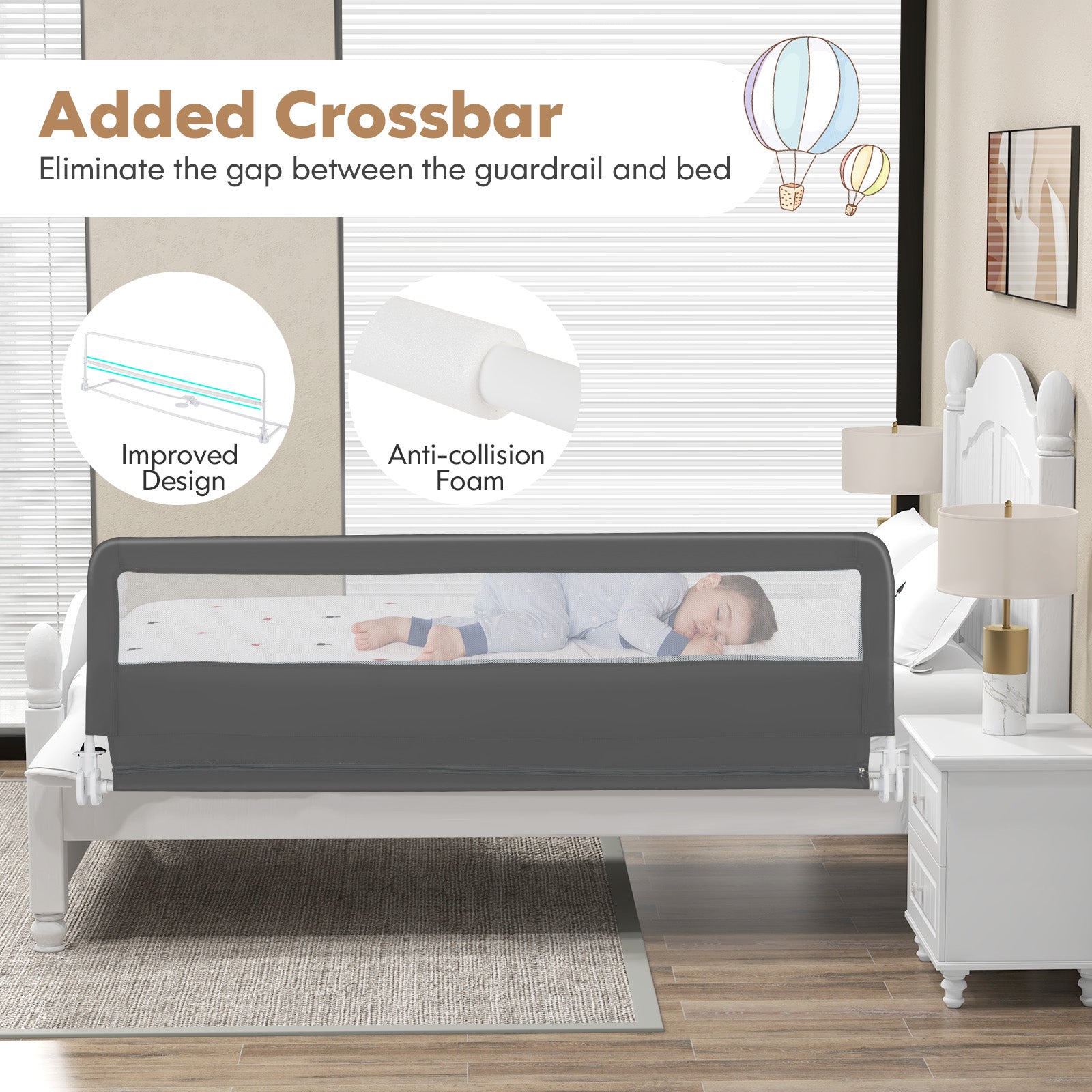 71 Inch Extra Long Swing Down Bed Guardrail with Safety Straps, Gray Bed Rails at Gallery Canada