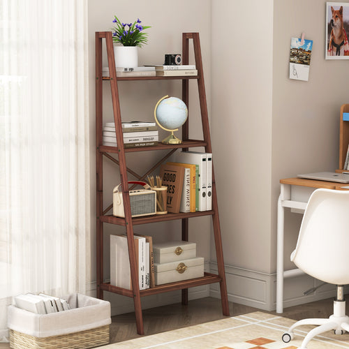 58 Inch 4-Tier Bamboo Ladder Bookshelf, Walnut