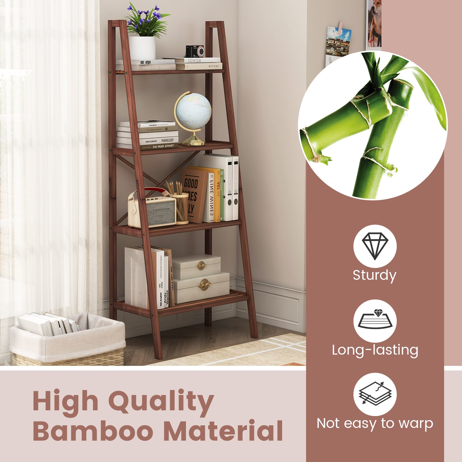 58 Inch 4-Tier Bamboo Ladder Bookshelf, Walnut Bookcases at Gallery Canada