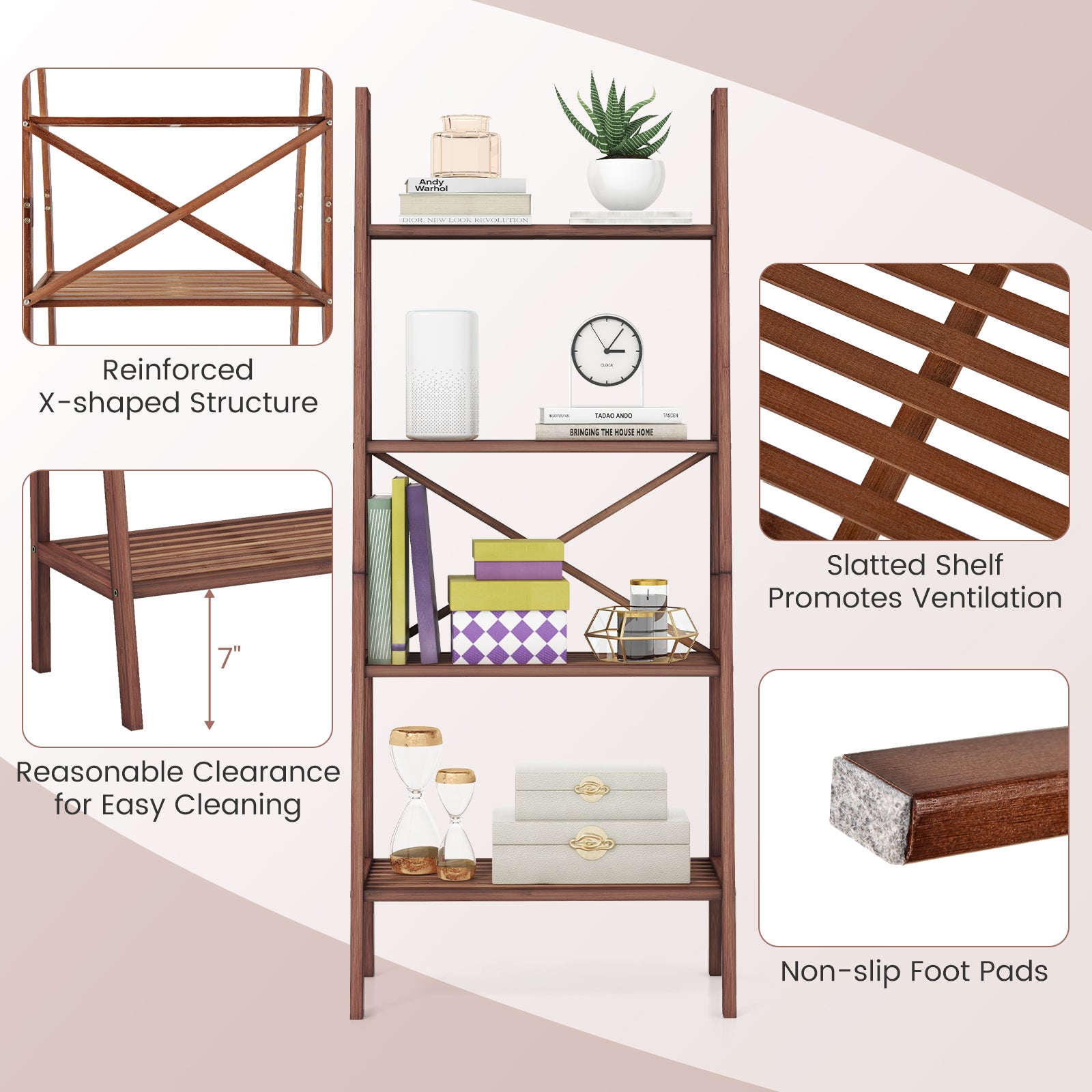 58 Inch 4-Tier Bamboo Ladder Bookshelf, Walnut Bookcases at Gallery Canada