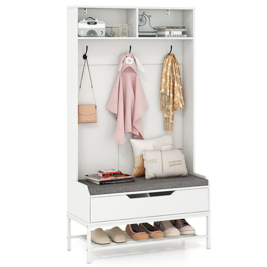 69 Inch Tall Hall Tree, 4-in-1 Coat Rack With Seat Cushion, Shoe Storage, White Coat Racks & Hall Trees White at Gallery Canada