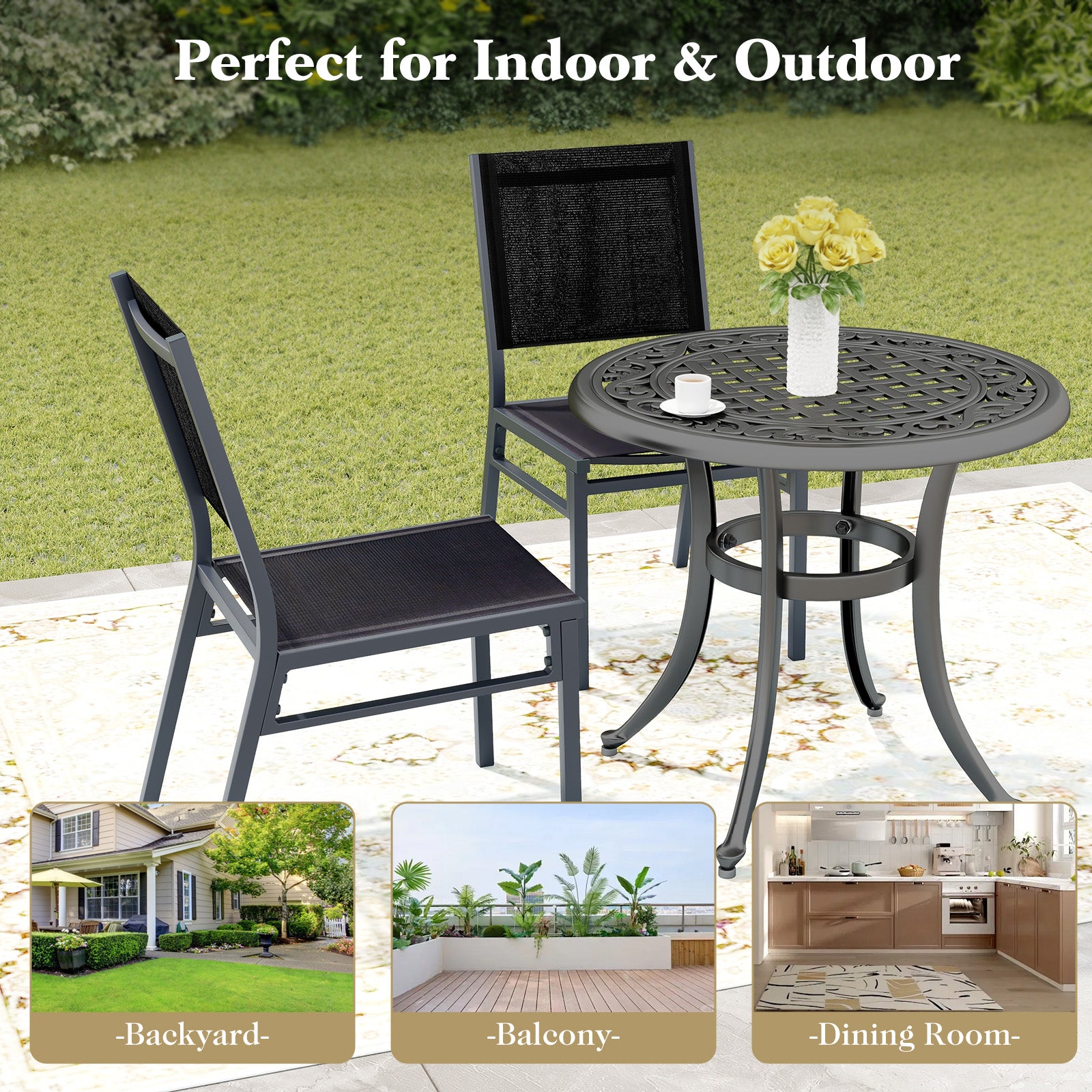 Outdoor Dining Chairs with Breathable Seat and Backrest for Backyard Porch Poolside-1 Piece, Black Patio Dining Chairs at Gallery Canada