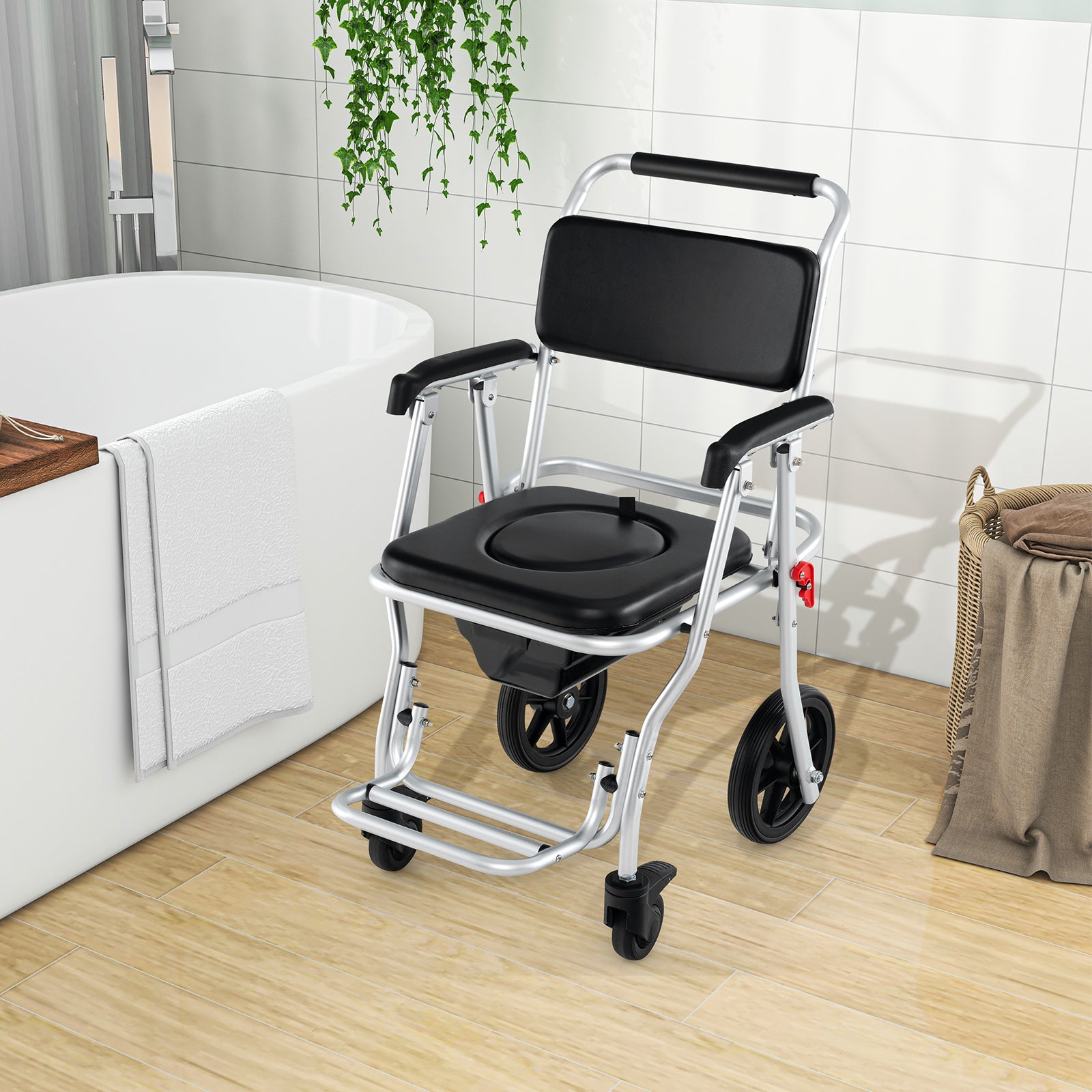 4-in-1 Foldable Bedside Commode Chair with Brakes and Bucket and Footrest, Black Health Care at Gallery Canada