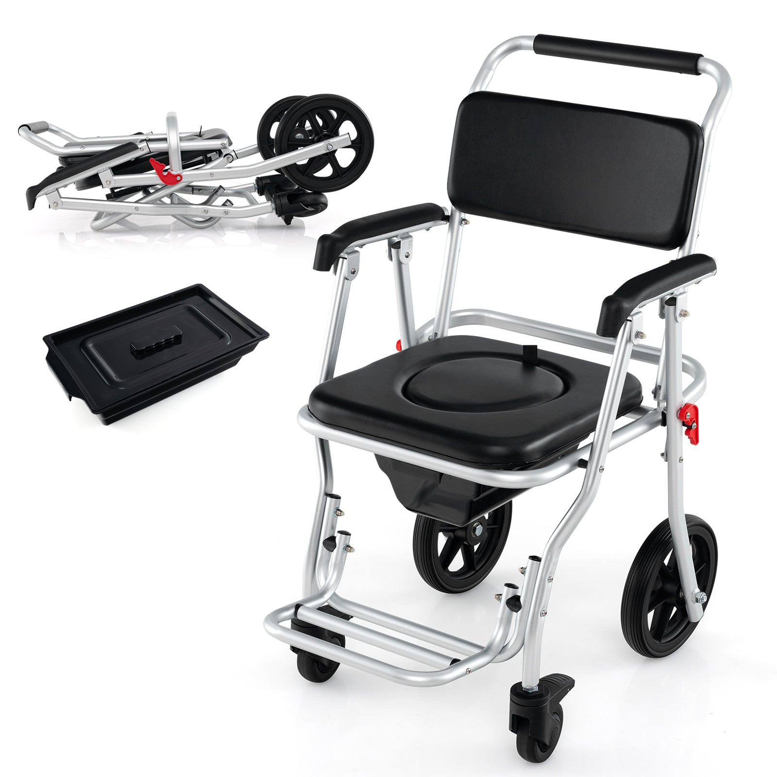 4-in-1 Foldable Bedside Commode Chair with Brakes and Bucket and Footrest, Black Health Care at Gallery Canada
