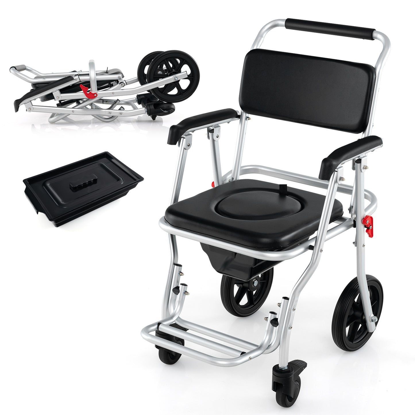 4-in-1 Foldable Bedside Commode Chair with Brakes and Bucket and Footrest, Black Health Care at Gallery Canada