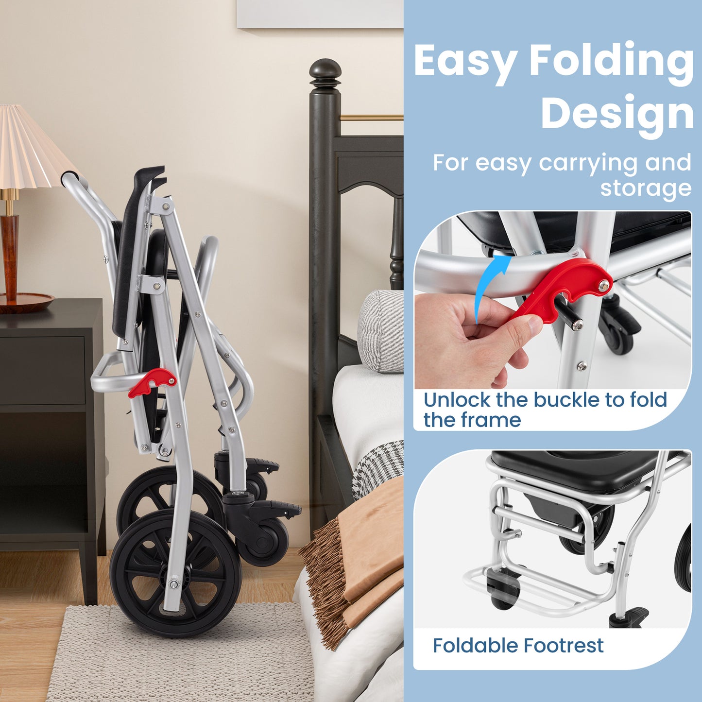 4-in-1 Foldable Bedside Commode Chair with Brakes and Bucket and Footrest, Black Health Care at Gallery Canada