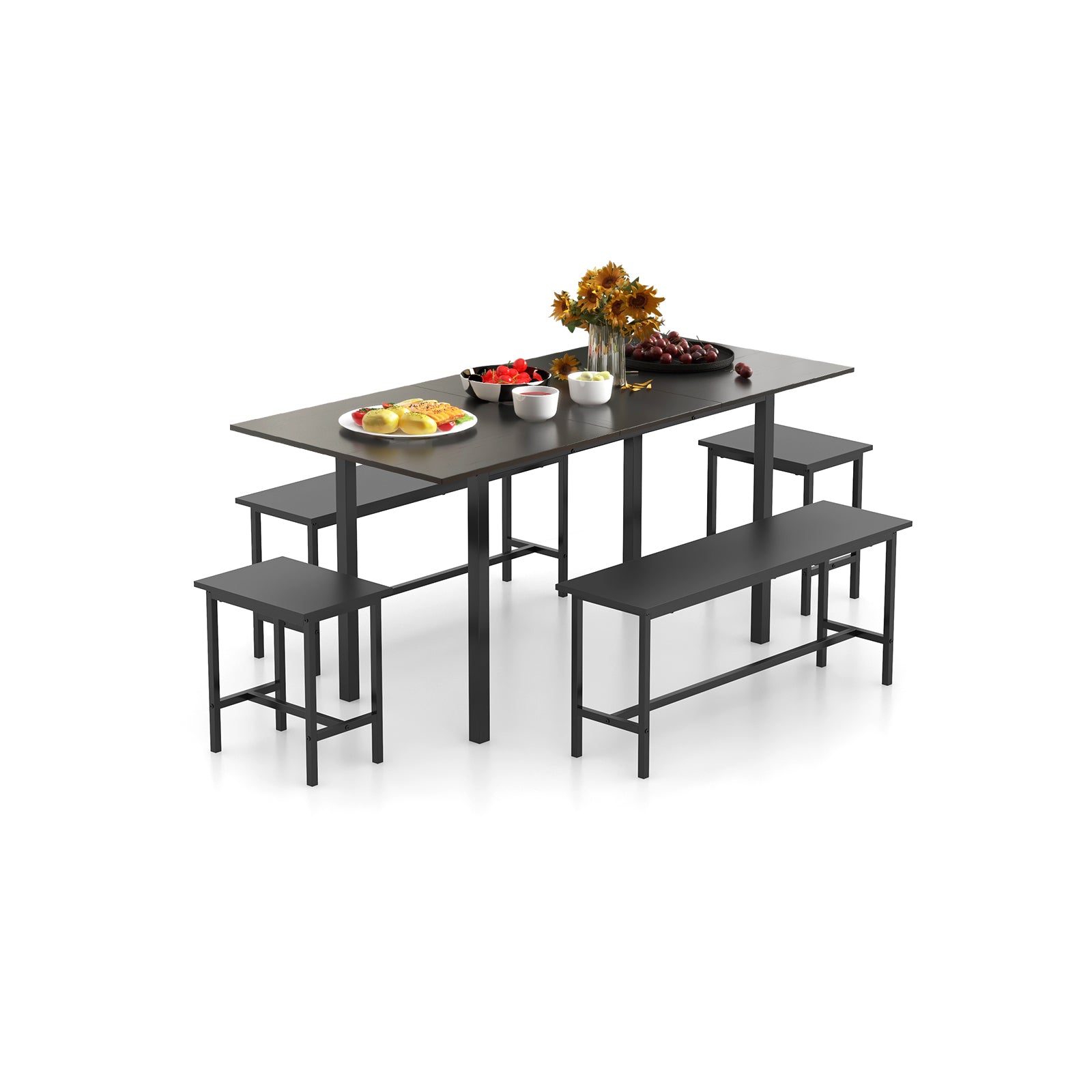 5 Piece Dining Table Set for 4-6 with 2 Benches & 2 Stools for Kitchen Dining Room, Black Dining Room Sets Black at Gallery Canada