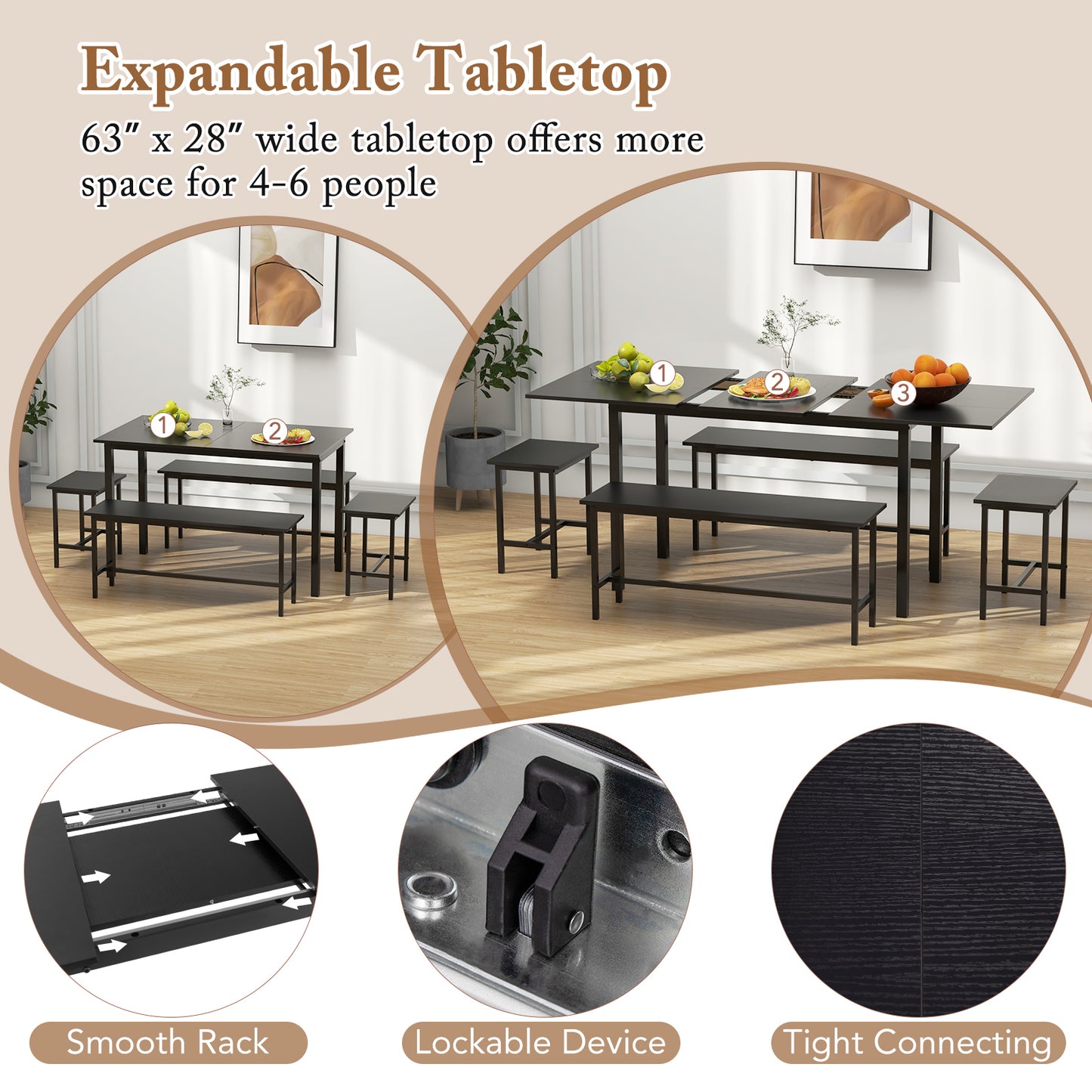 5 Piece Dining Table Set for 4-6 with 2 Benches & 2 Stools for Kitchen Dining Room, Black Dining Room Sets at Gallery Canada