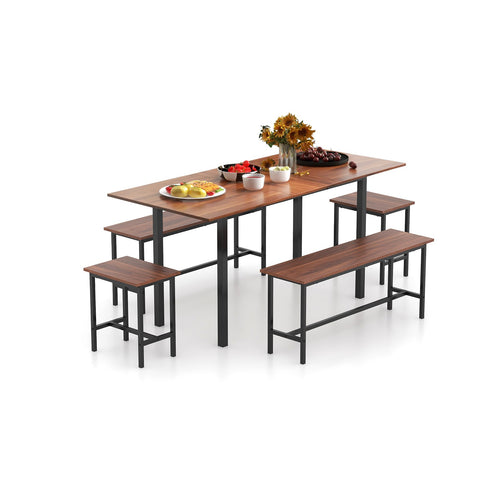 5 Piece Dining Table Set for 4-6 with 2 Benches & 2 Stools for Kitchen Dining Room, Walnut
