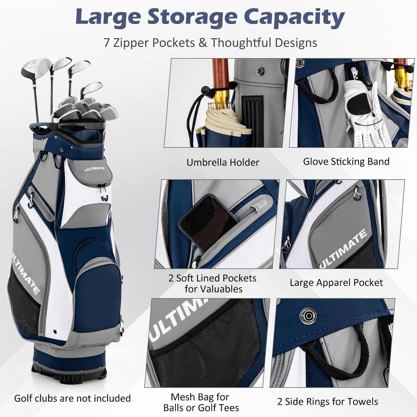 10.5 Inch Golf Stand Bag with 14 Way Dividers and 7 Zippered Pockets, Navy Golf at Gallery Canada