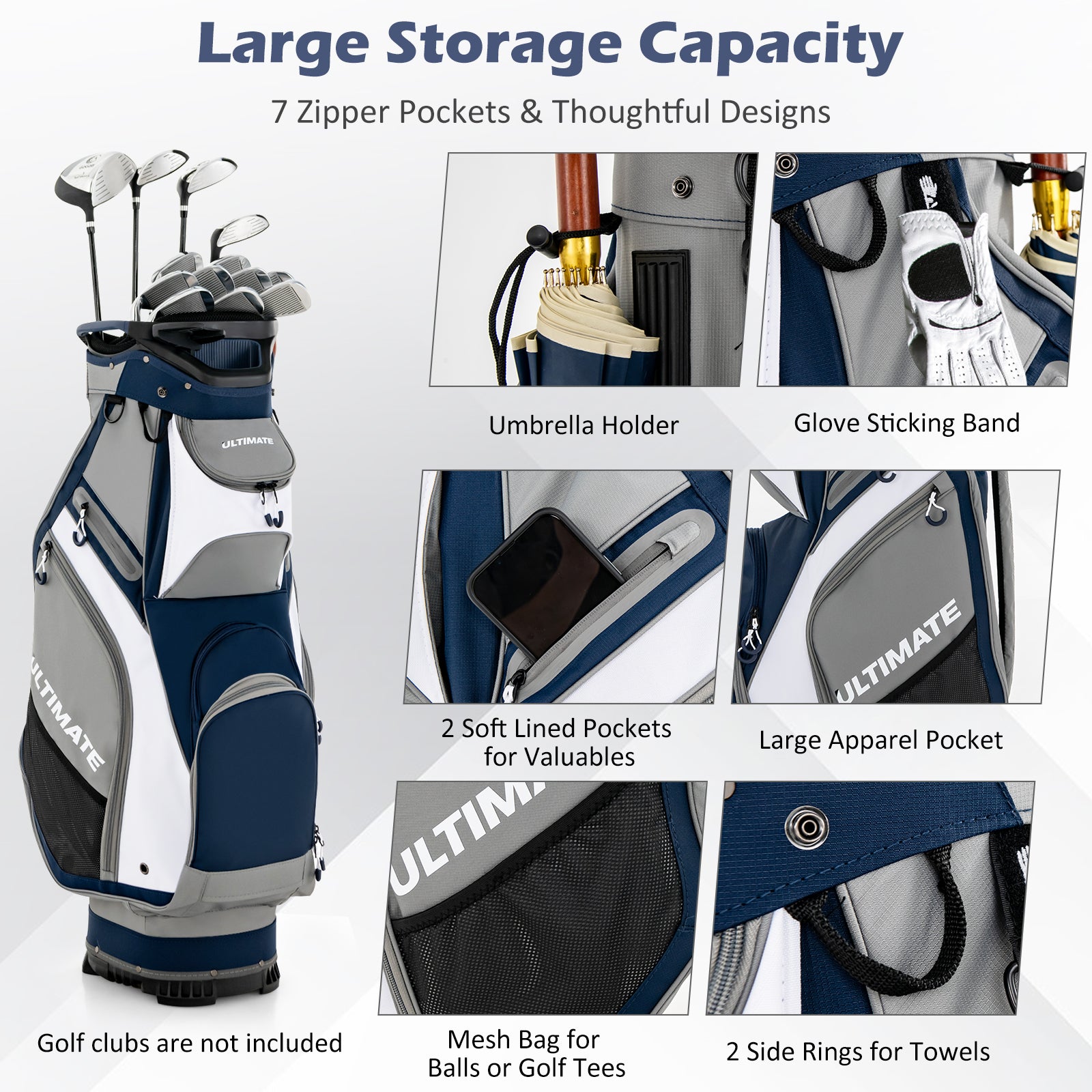 10.5 Inch Golf Stand Bag with 14 Way Dividers and 7 Zippered Pockets, Navy Golf at Gallery Canada