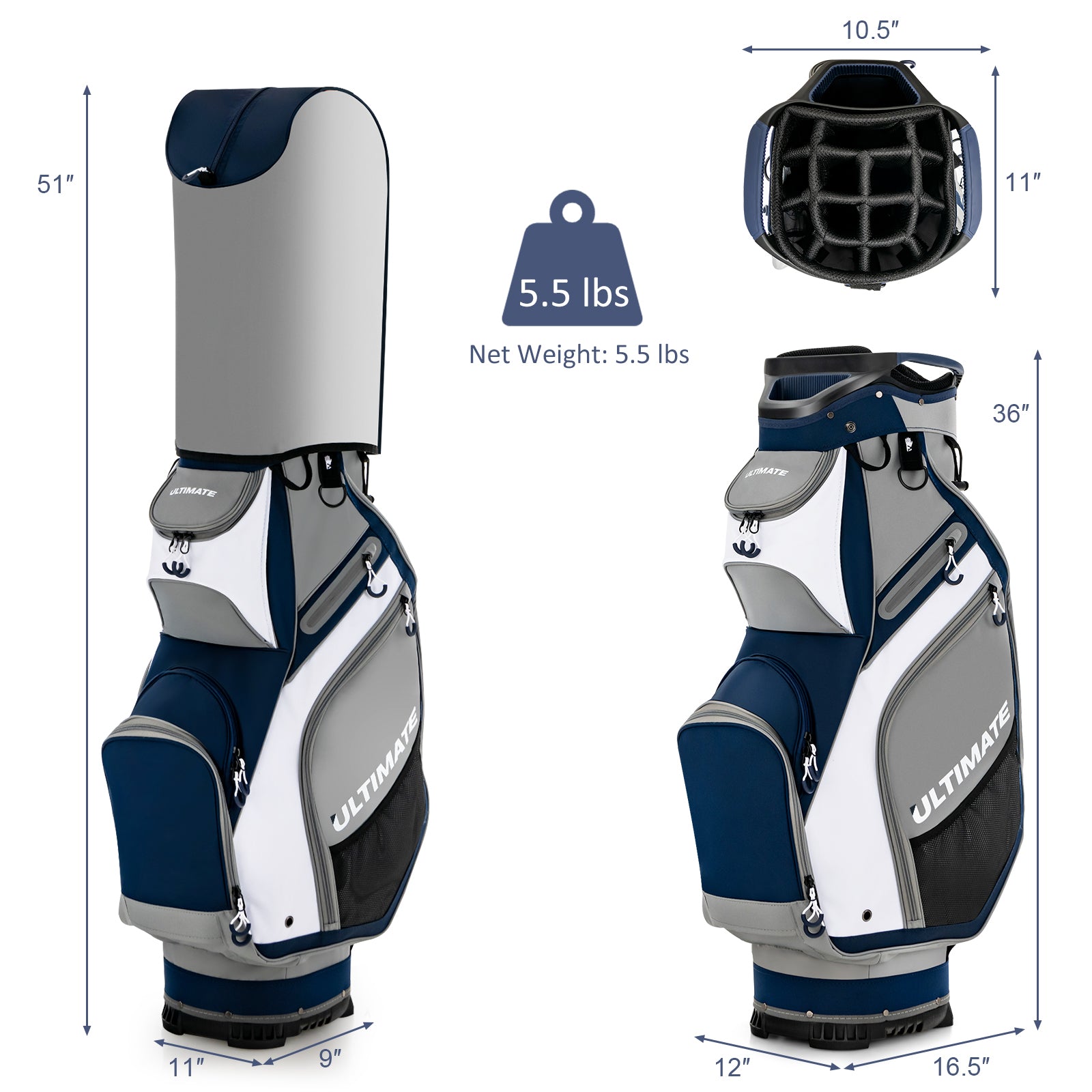 10.5 Inch Golf Stand Bag with 14 Way Dividers and 7 Zippered Pockets, Navy Golf at Gallery Canada
