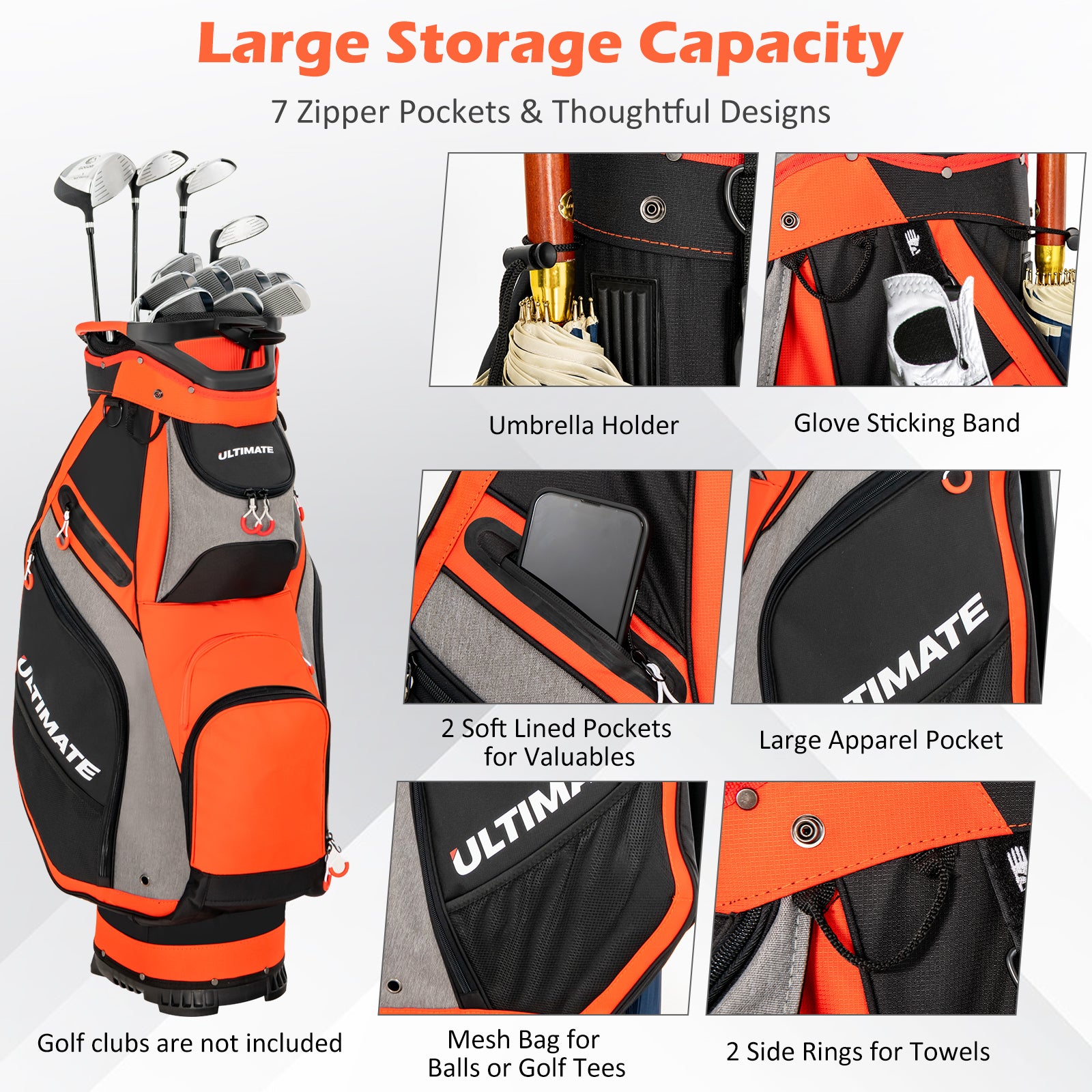 10.5 Inch Golf Stand Bag with 14 Way Dividers and 7 Zippered Pockets, Orange Golf at Gallery Canada