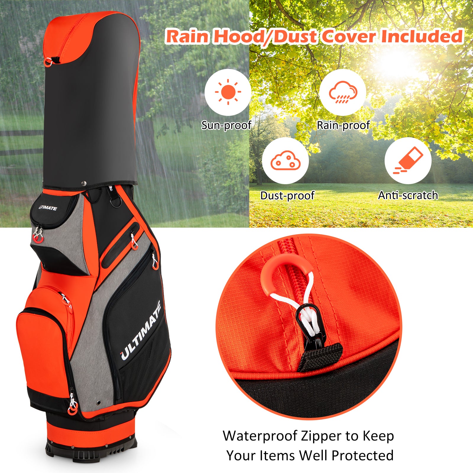 10.5 Inch Golf Stand Bag with 14 Way Dividers and 7 Zippered Pockets, Orange Golf at Gallery Canada