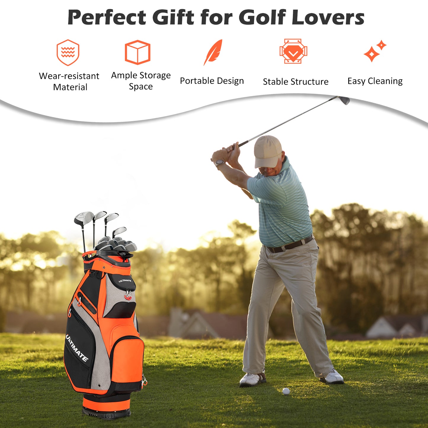 10.5 Inch Golf Stand Bag with 14 Way Dividers and 7 Zippered Pockets, Orange Golf at Gallery Canada