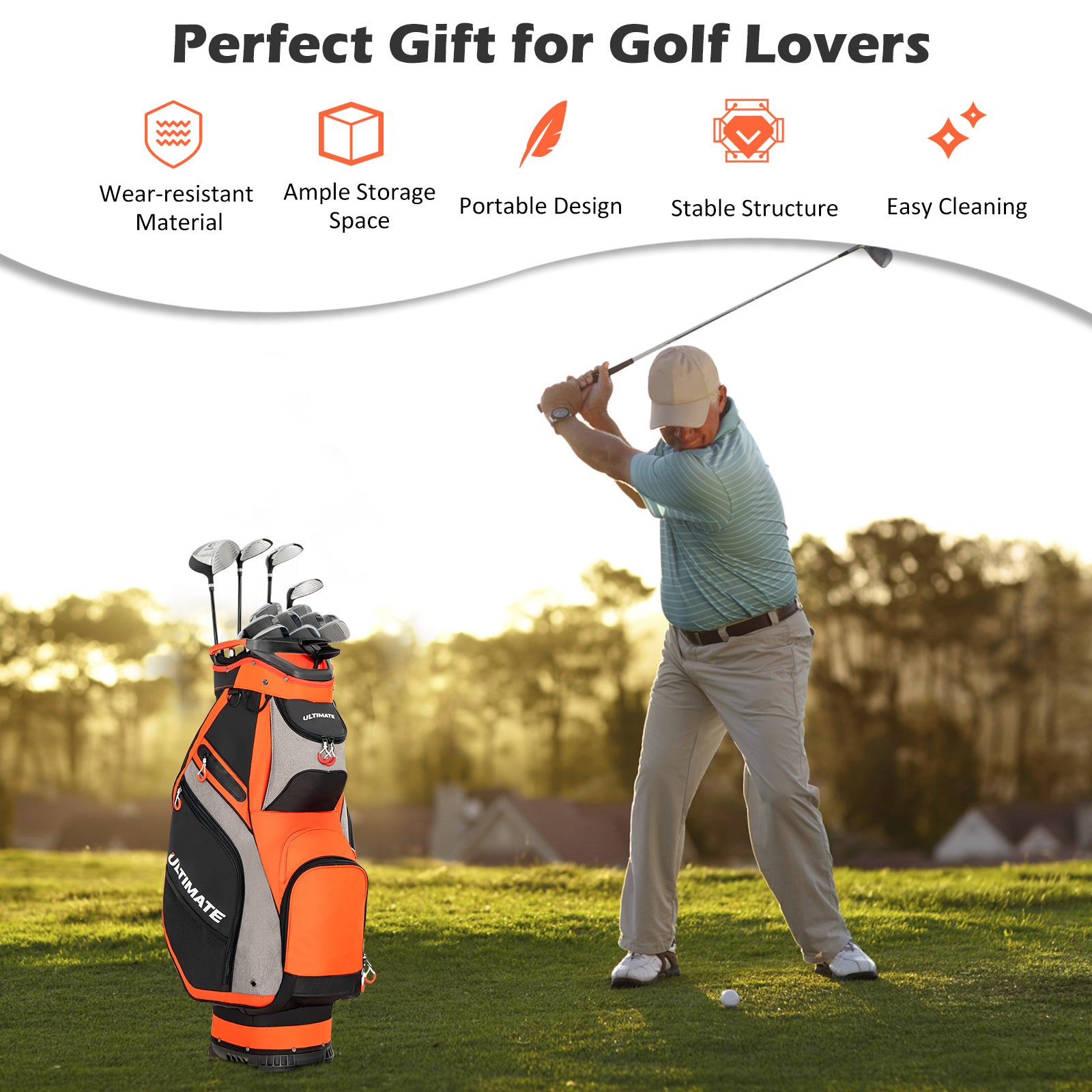 10.5 Inch Golf Stand Bag with 14 Way Dividers and 7 Zippered Pockets, Orange Golf at Gallery Canada